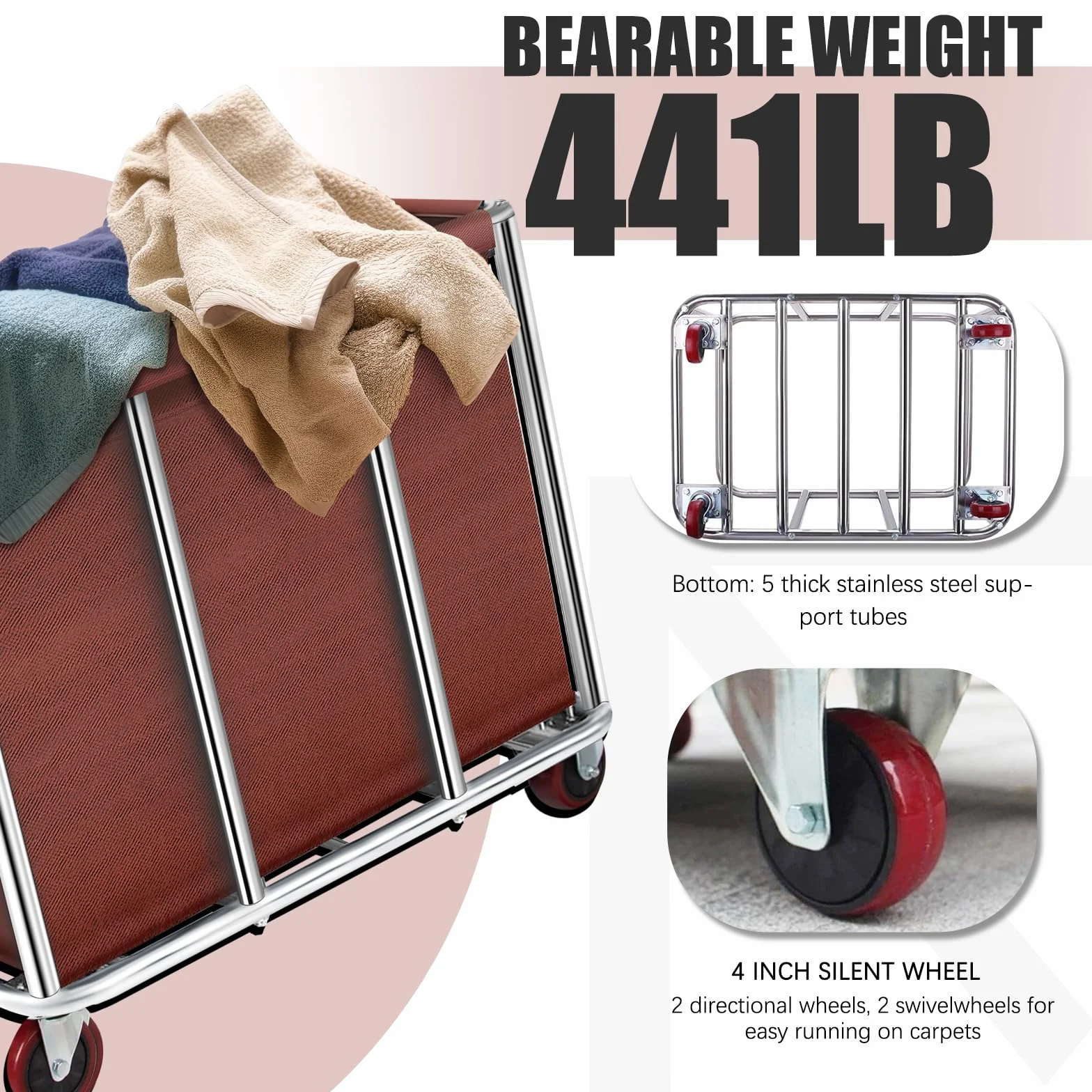 Carrello per lavanderia commerciale, 400 l, grande, in acciaio pesante, resistente e inodore, con ruote e fodera in tela rimovibile, per Lndustrial/casa (colore marrone)