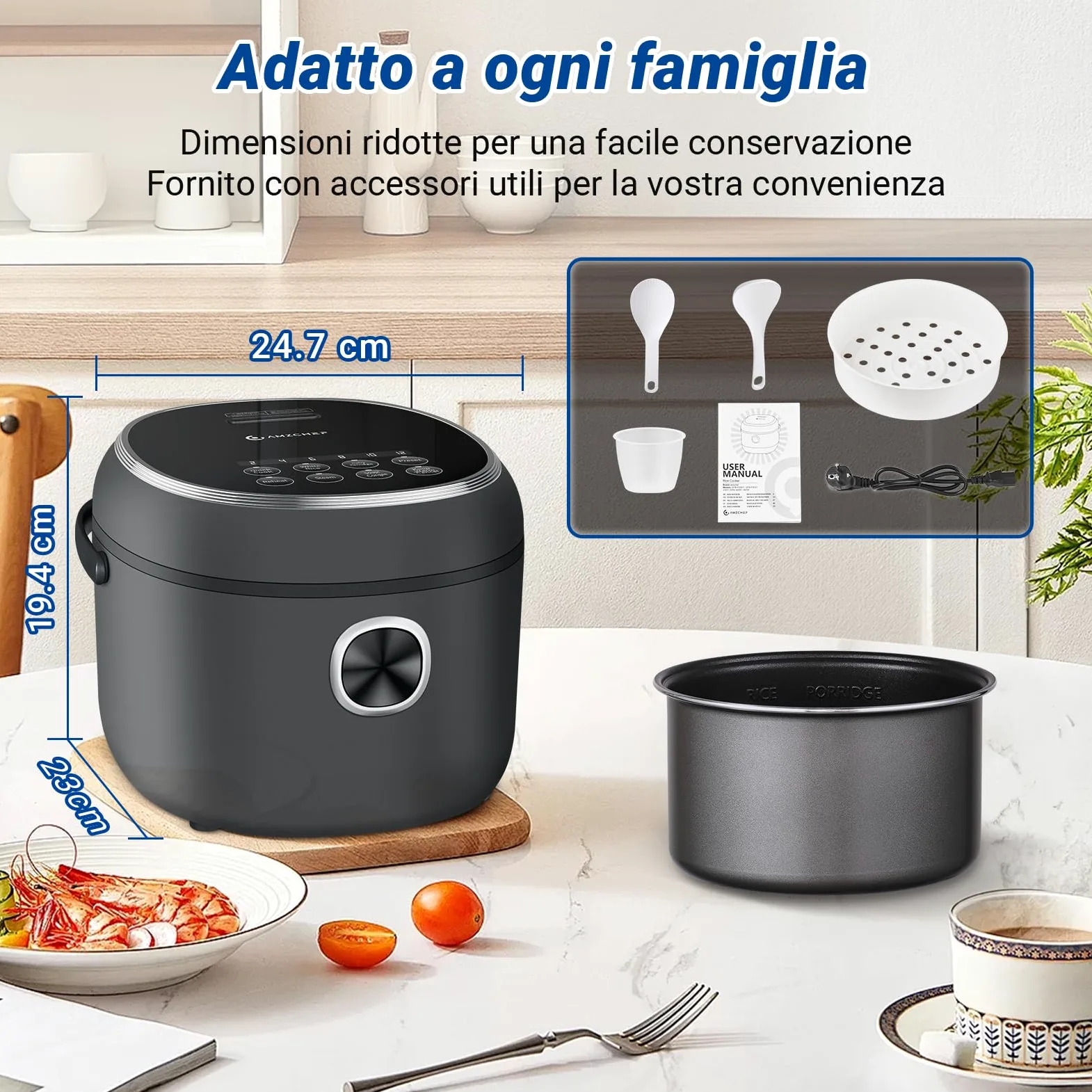 AMZCHEF Mini Cuociriso 2L, Multifunzionale per 1-4 Persone, 4 Tazze (Non Cotte) 400W Rice Cooker, 7 Funzioni di Cottura, con Cestello Vapore Incluso, Preimpostata e Mantenimento in Caldo