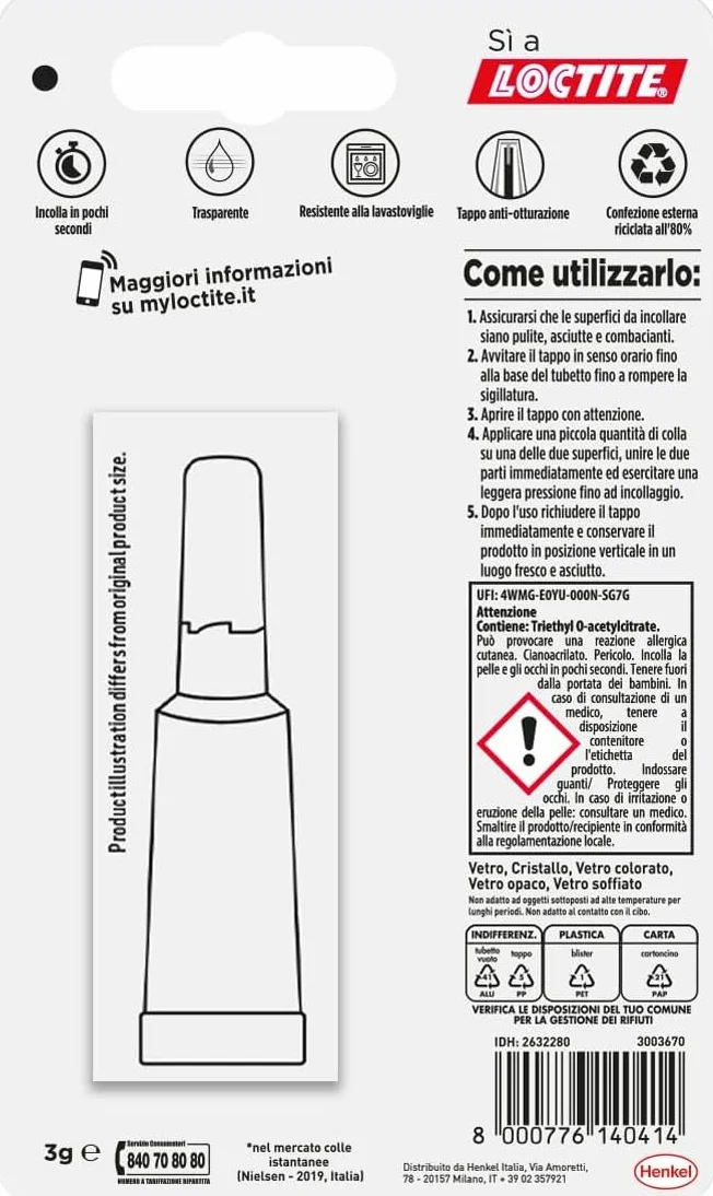Loctite Super Attak Vetro, Colla per vetro di alta qualità, Adesivo istantaneo per vetro, Colla trasparente facile da usare, durevole e riutilizzabile, 1 x 3g