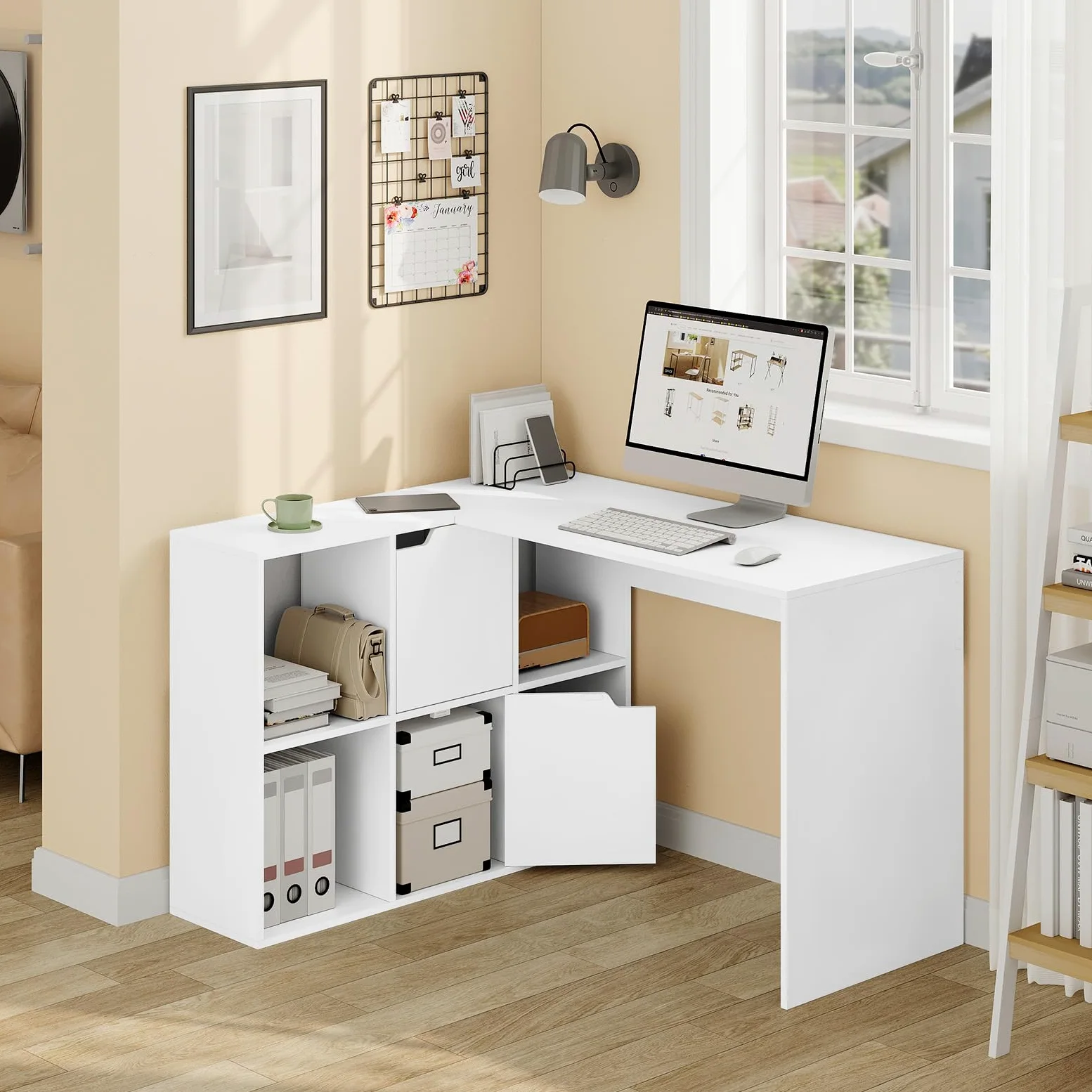 eSituro Scrivania Angolare a L con Libreria, 120 x 100 cm, Bianca | 4 Scomparti Libreria, 2 Armadi, Doppio Piano, per Computer e Studio