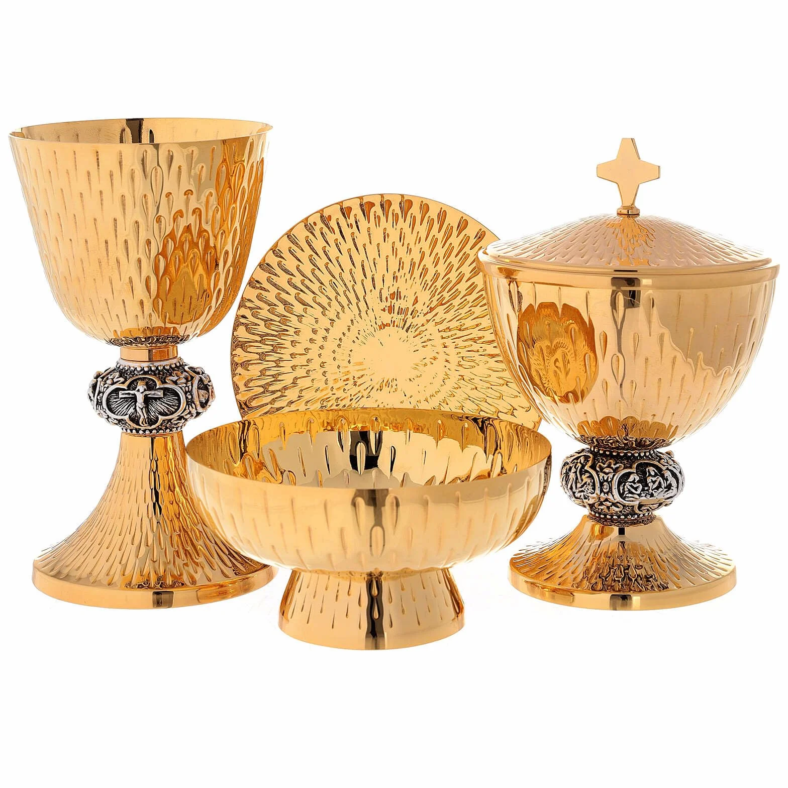 Holyart Calici Pissidi Patene metallo: Calice pisside patena ottone argento scene vita Gesù, Patena