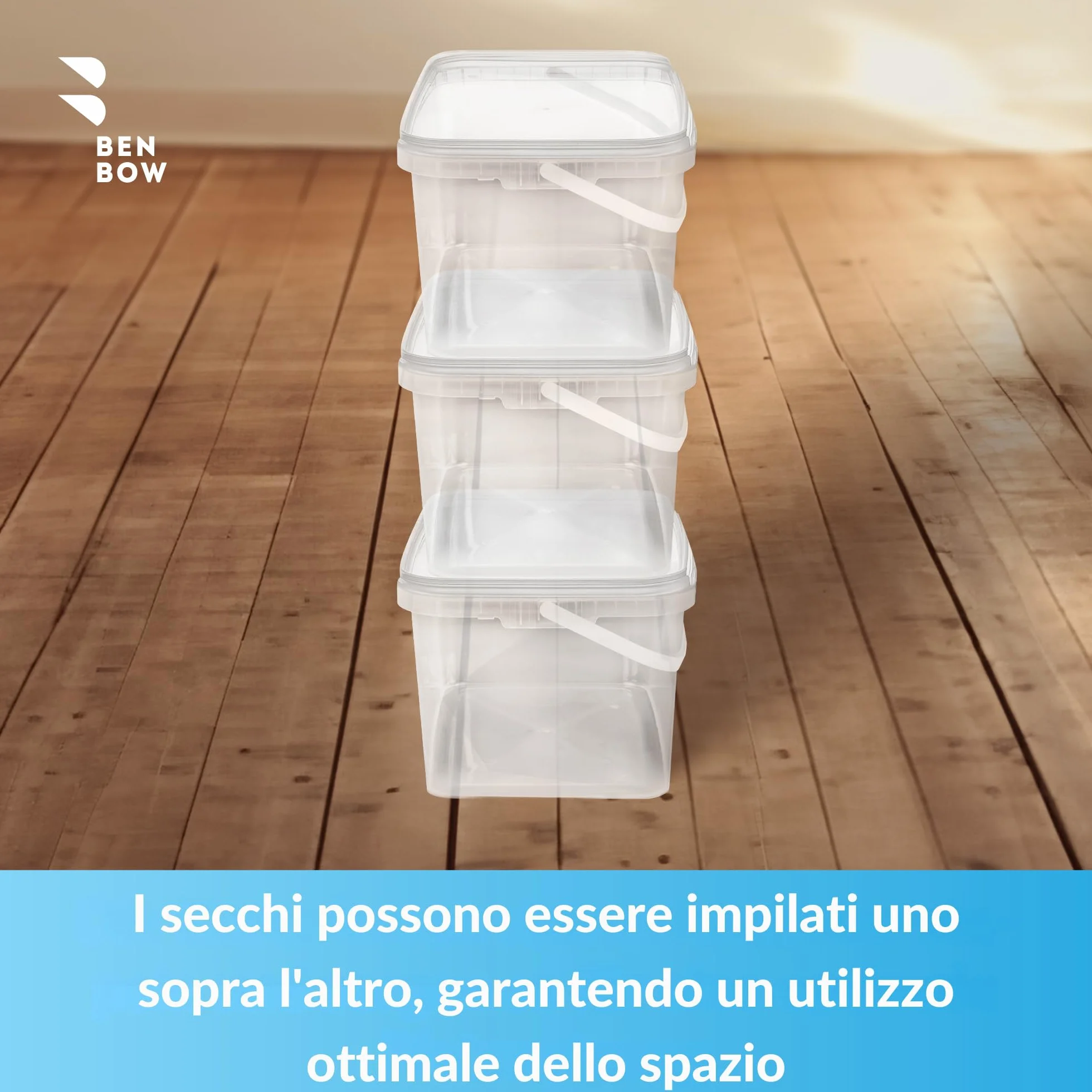 BenBow Secchio rettangolare con coperchio 10x 5l trasparente - adatto al contatto con alimenti, contenitore di plastica impilabile con manico - vuoto