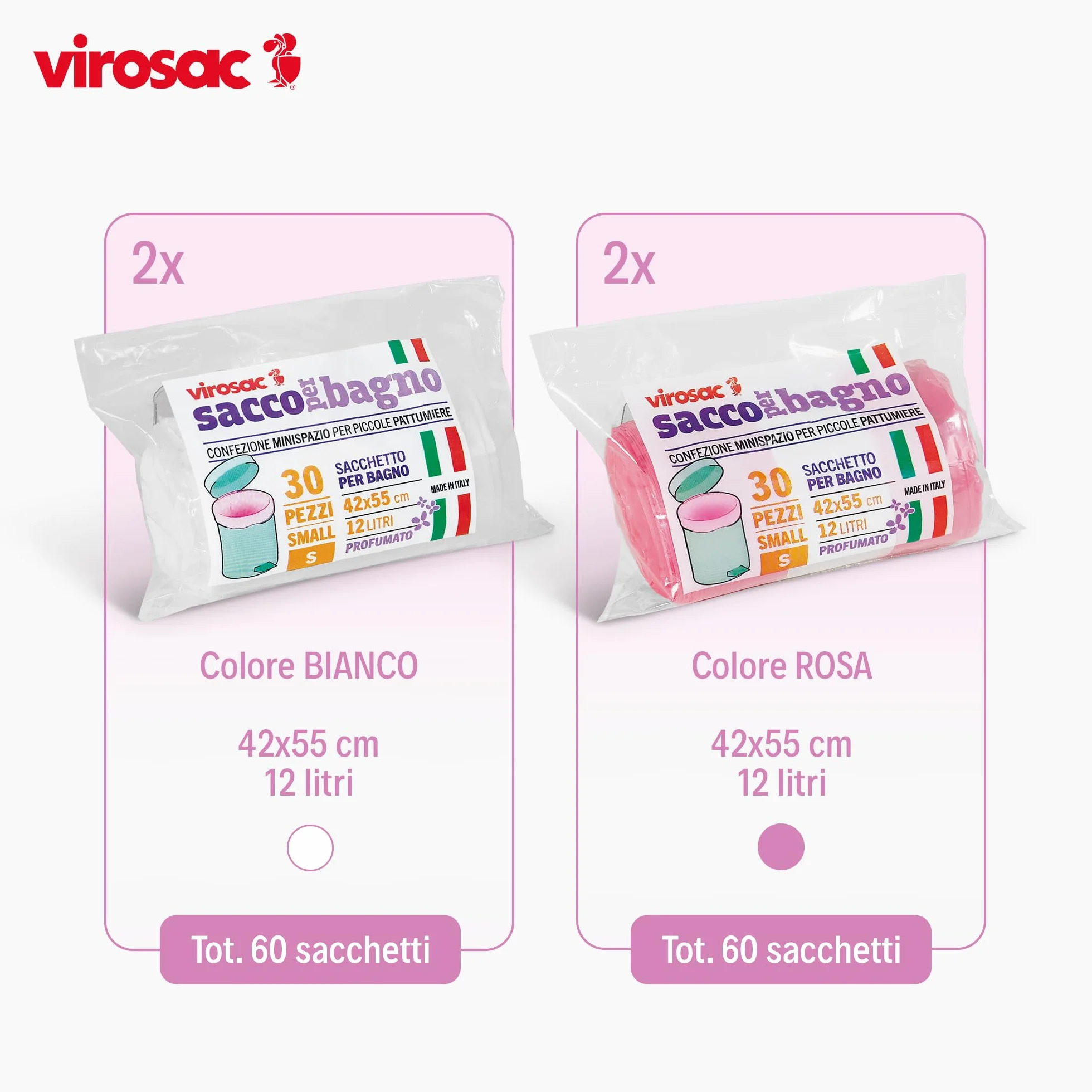 VIROSAC Sacco Bagno 42x55, 30 sacchetti per rotolo, kit da 4 rotoli, 2 rotoli rosa + 2 rotoli bianchi
