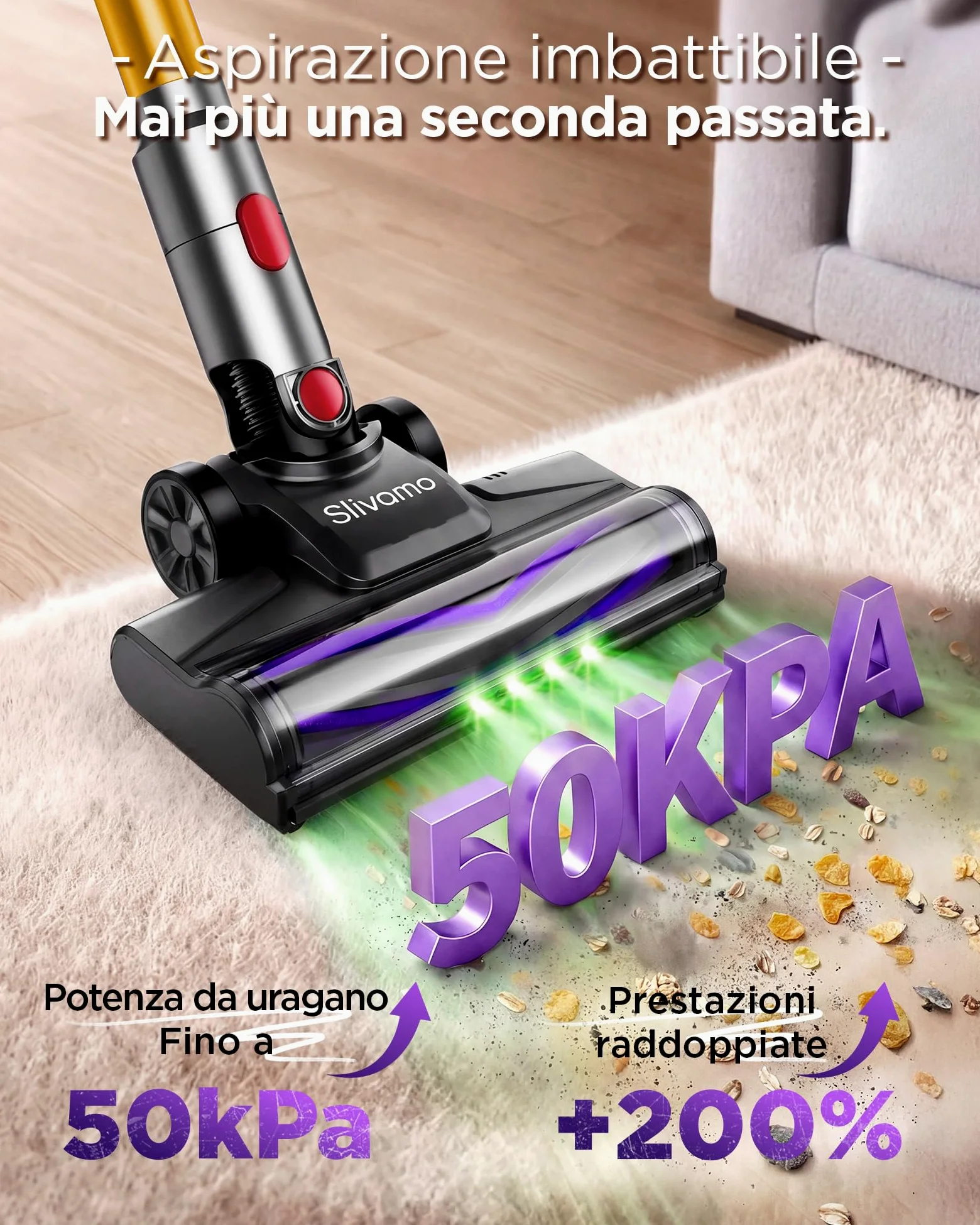 S16 Aspirapolvere Senza Fili, 50kPa/600W/45min, Batteria Rimovibile, Scopa Elettrica Leggero con Luce LED Verde, Autoportante, per Peli Di Animali/Pavimenti Duri, Arancione