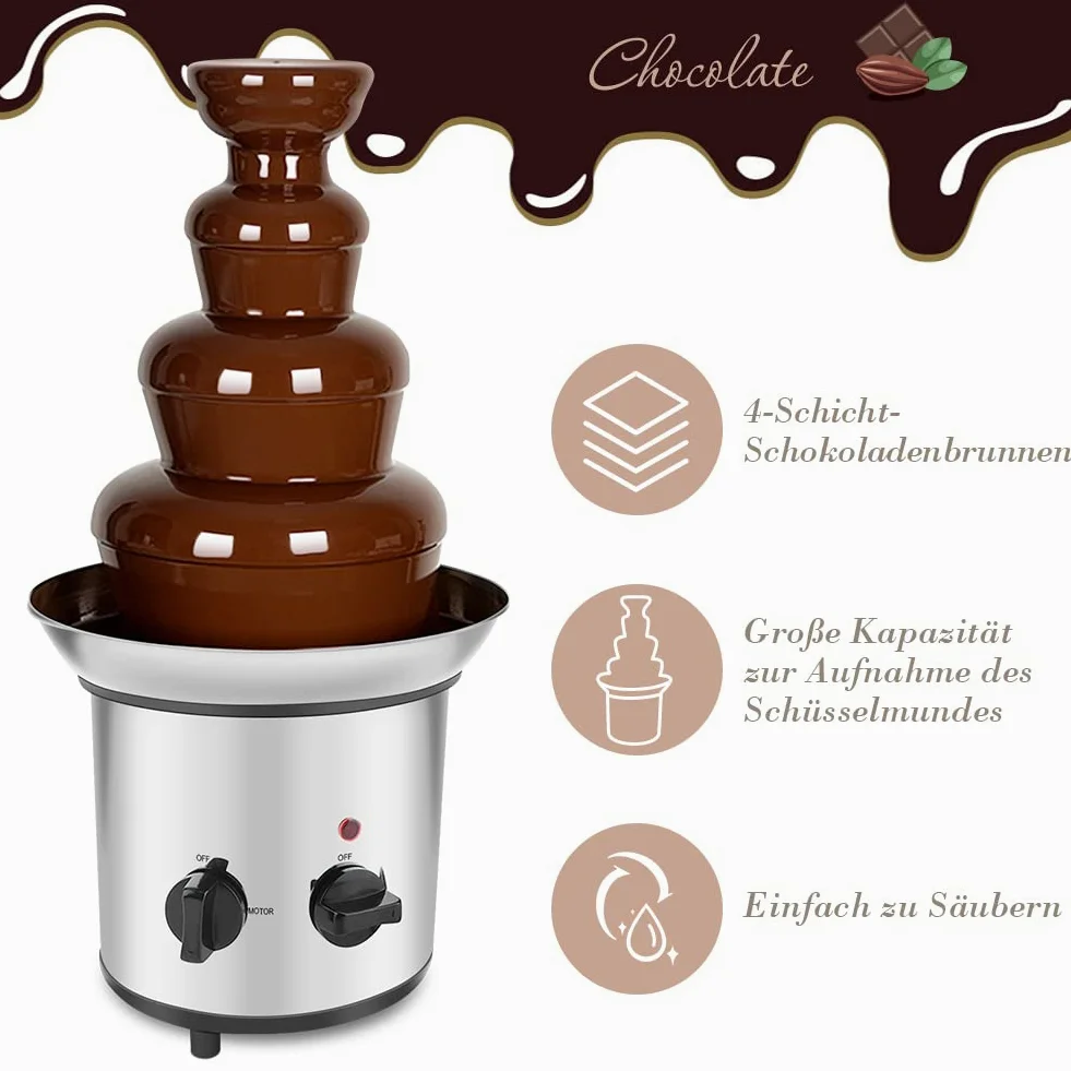Fontana di Cioccolato a 4 Livelli in Acciaio Inossidabile, 220V 170W, Dimensioni 37x22x43 cm, con Spina Europea per Feste, Matrimoni ed Eventi Speciali