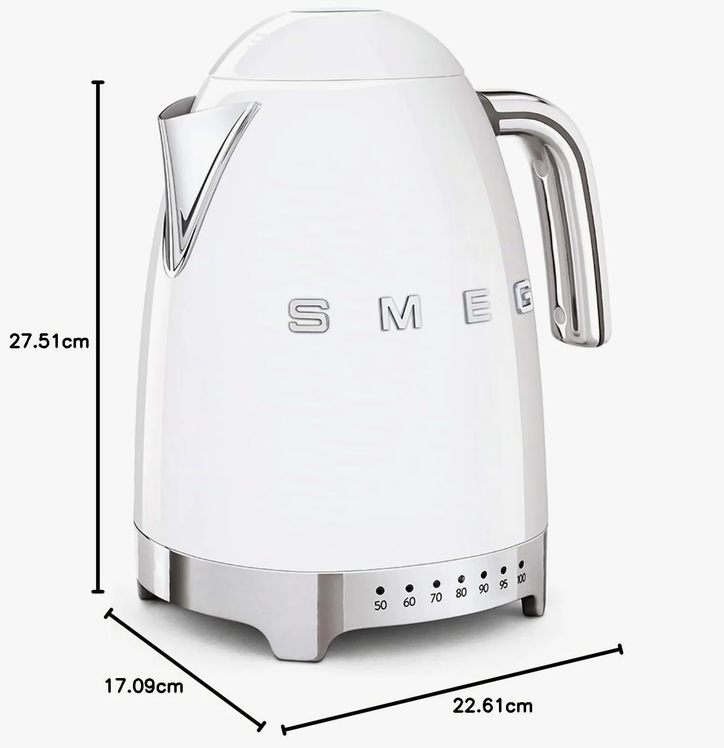 Smeg, Bollitore Temperatura Variabile KLF04WHEU 1,7L, Più Livelli di Temperatura, Filtro Anticalcare Lavabile, Autospegnimento Sicurezza, Indicatore Livello Acqua, Avvolgicavo, Potenza 2400W, Bianco