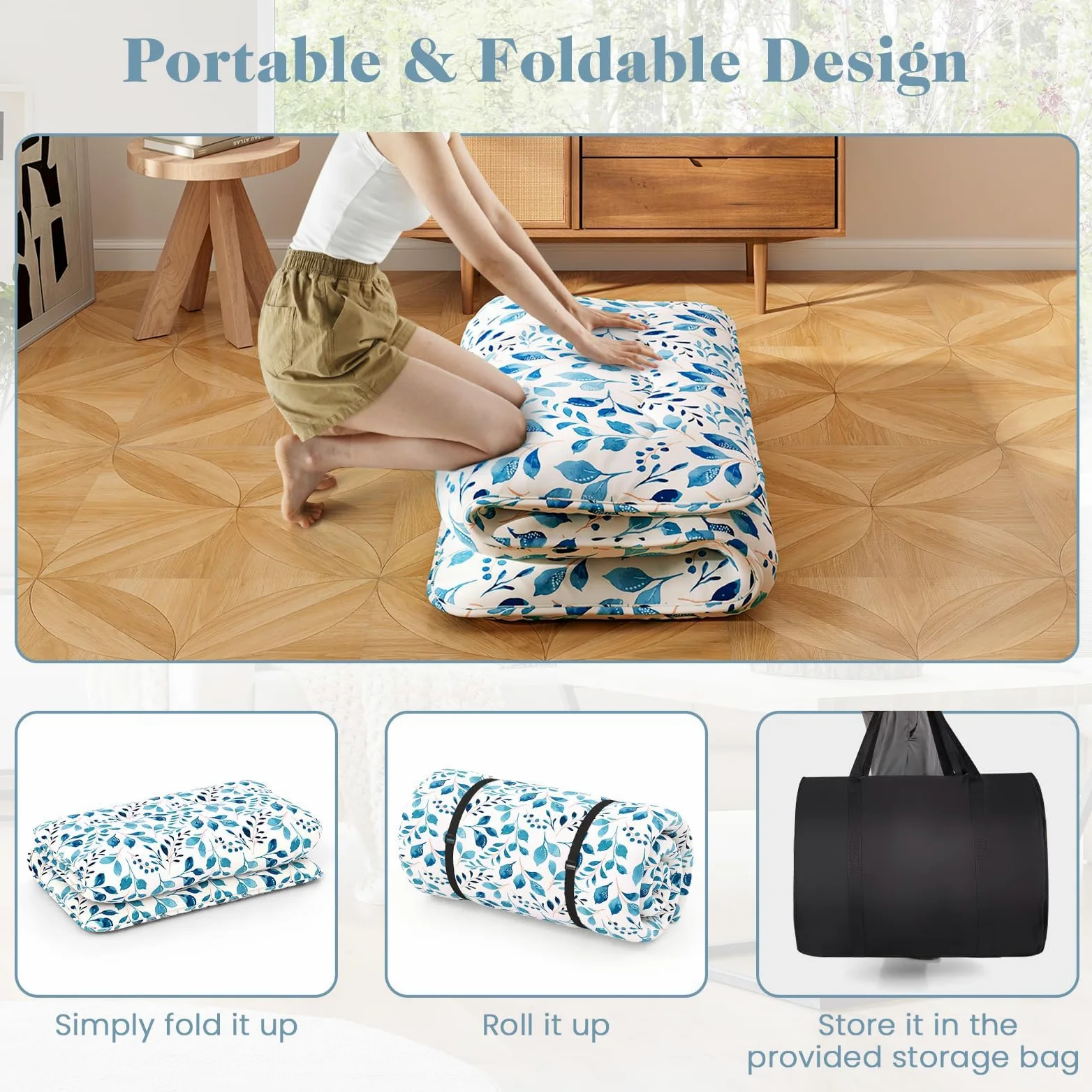 FANTASK Materasso da pavimento lavabile Tatami giapponese, materasso Futon, 90 x 200 cm, foglia blu