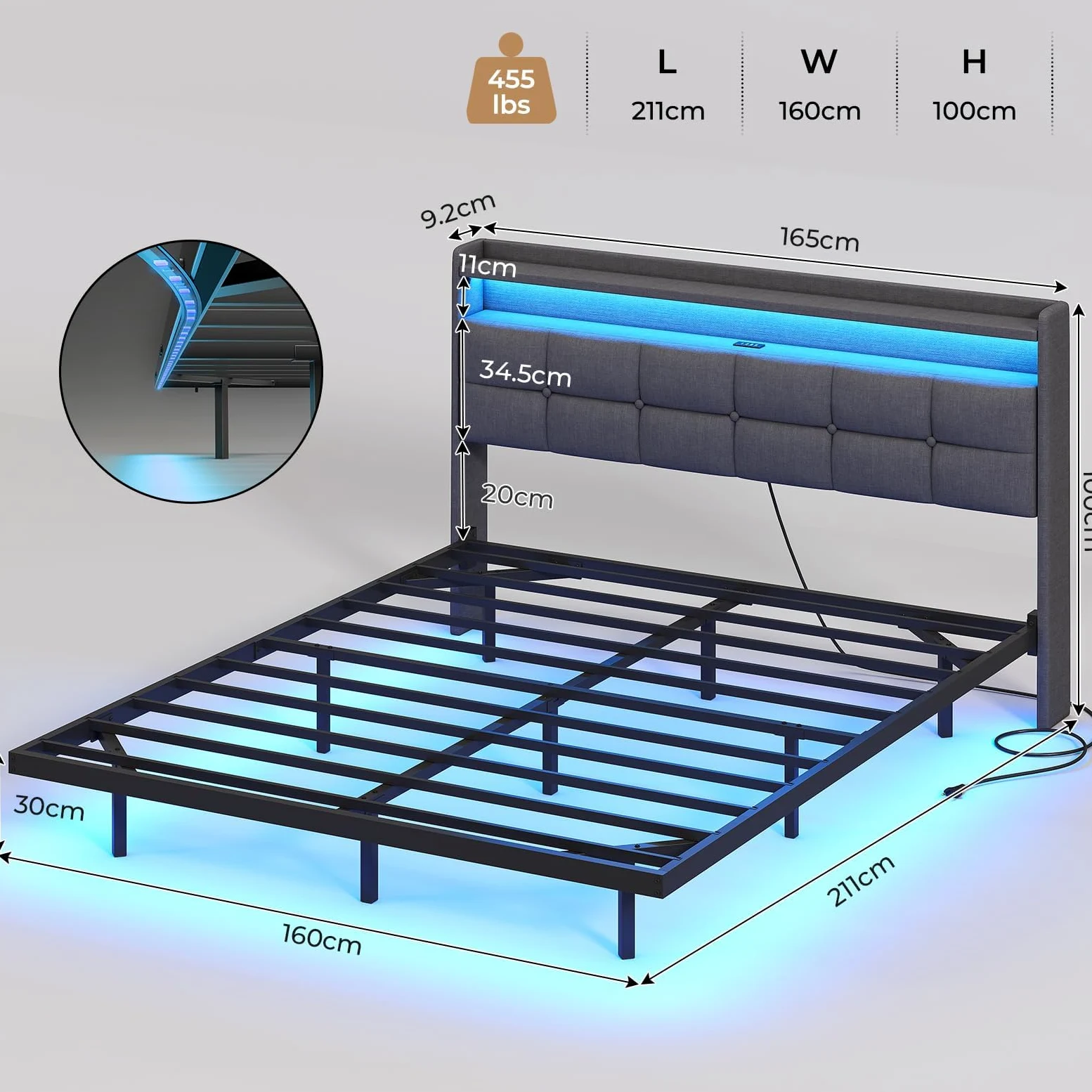 AOGLLATI Letto Matrimoniale 160x200 cm con Effetto Visivo Levitante, Struttura Letto con LED e Stazione di Ricarica, Letto con Testiera Imbottita e Struttura in Metallo, Senza Materasso, Grigio Scuro