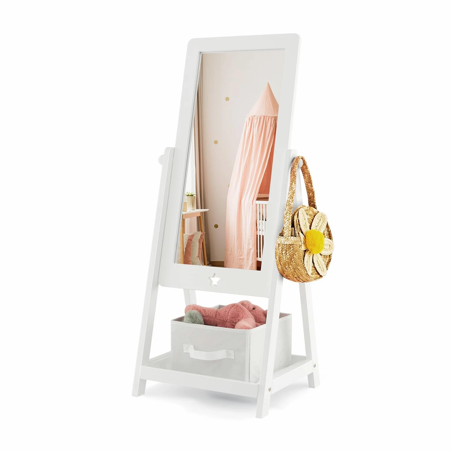 COSTWAY Specchio da Terra per Bambini in Legno con Scaffale Contenitore, Specchio per Cameretta Girevole con Cesto Ripiegabile, 45 x 40 x 112 cm, Bianco