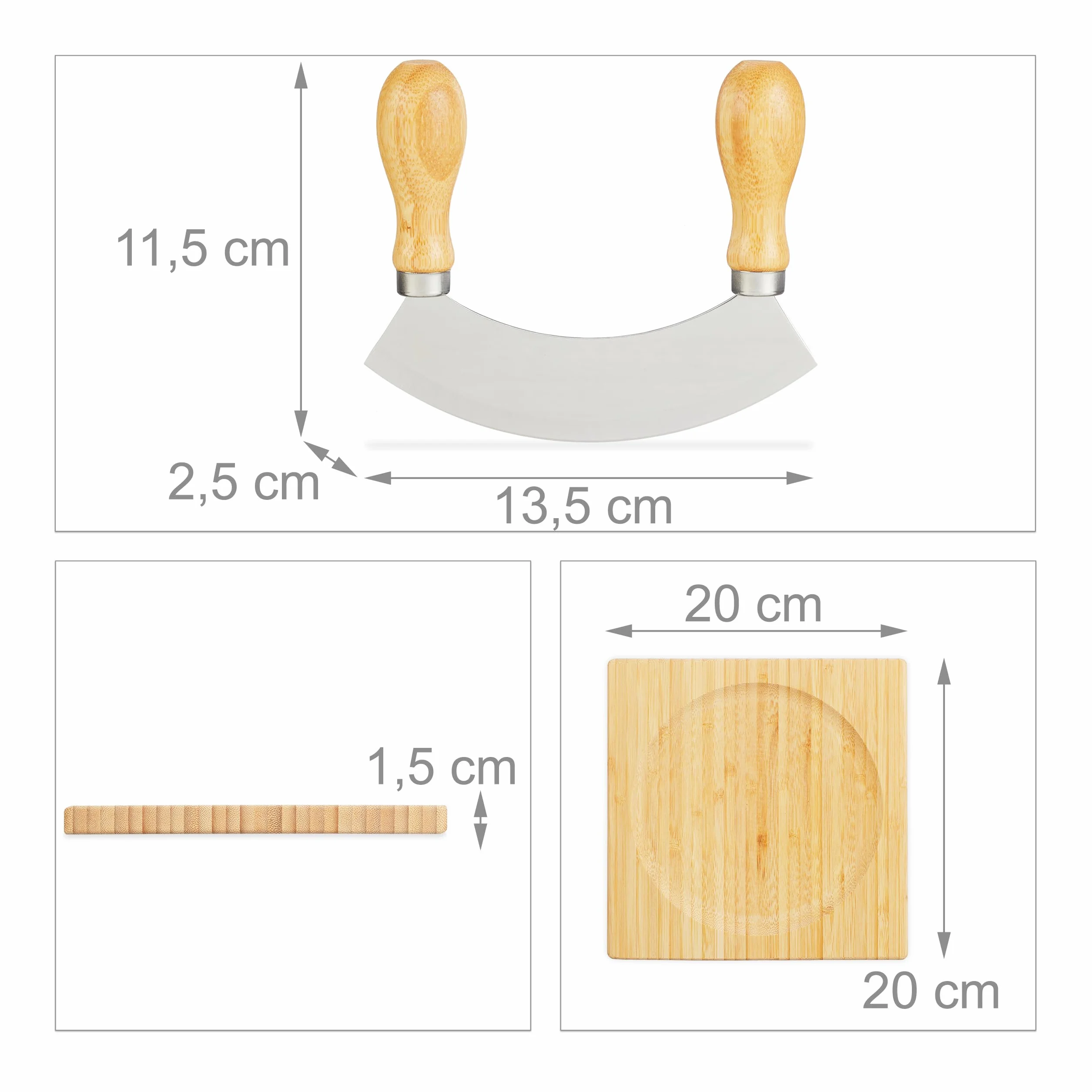 Relaxdays Mezzaluna con Tagliere 20 x 20 cm, Coltello a Monolama Trita Erbe, Acciaio Inox e bambù, Naturale Argentato
