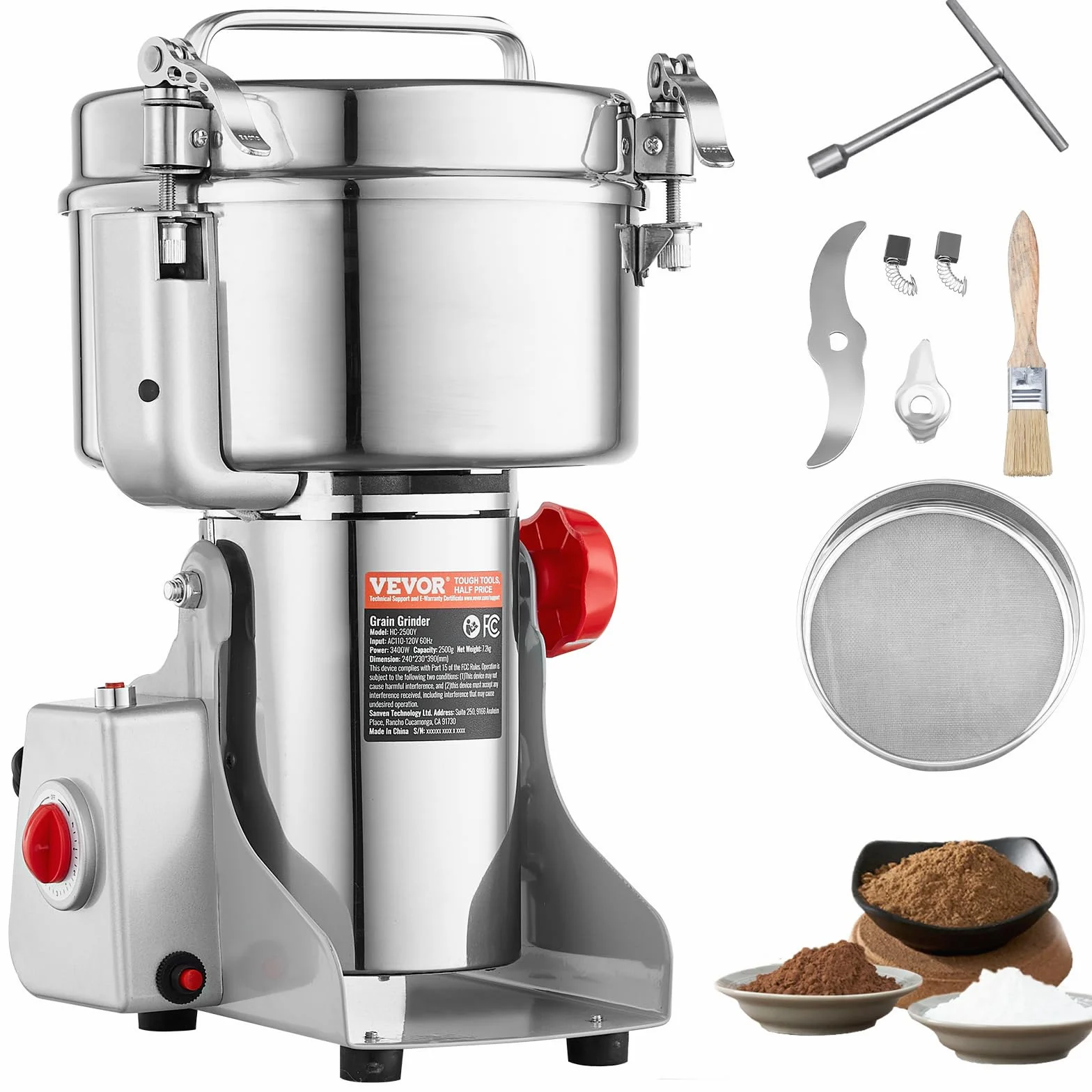 VEVOR 2500g Mulino Elettrico per Cereali, Macina Spezie Commerciale 3400 W, Macchina per Polverizzazione in Acciaio Inossidabile, per Cereali Secchi, Spezie, Caffè, Mais, Pepe, Tipo Oscillante