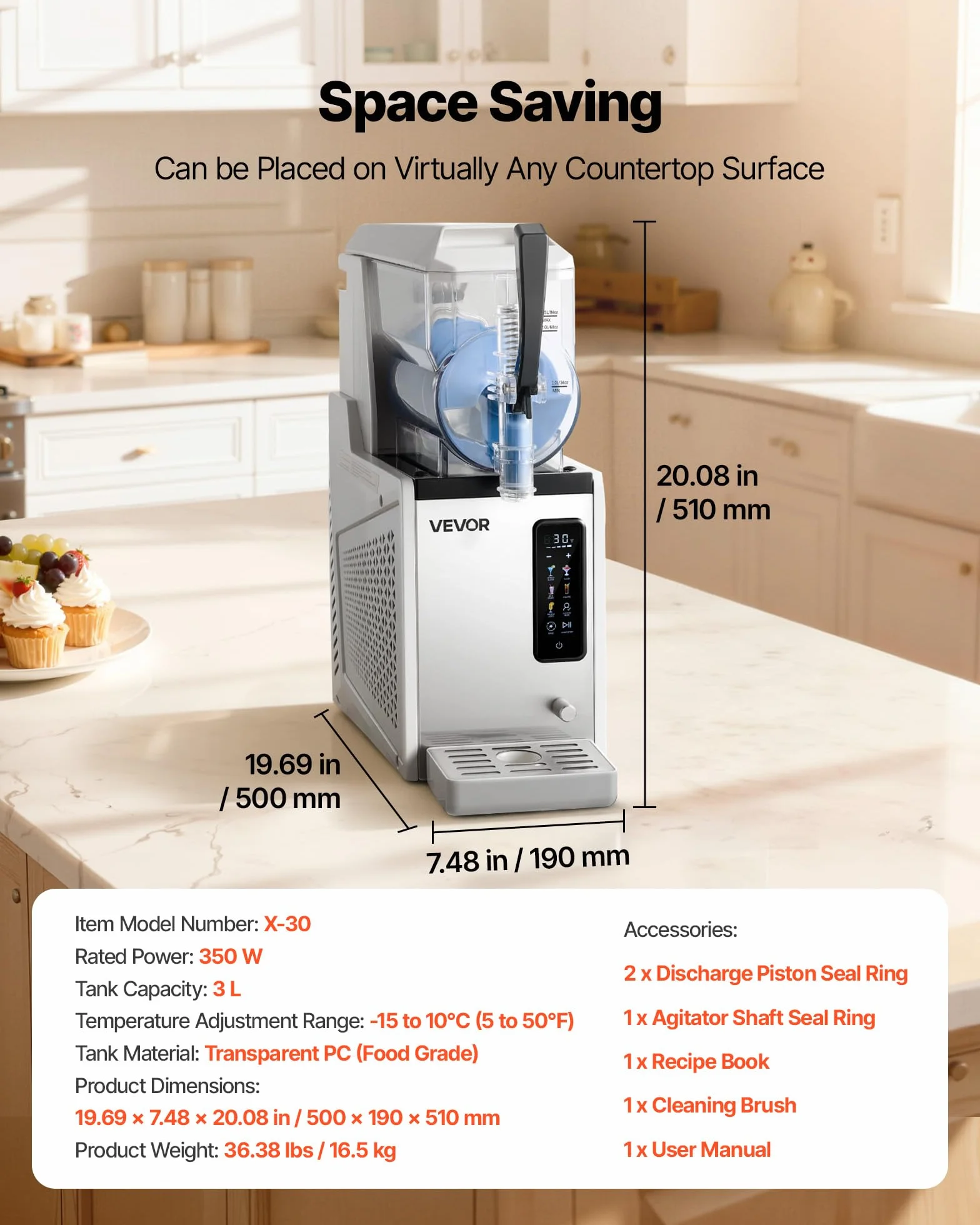 VEVOR Macchina per Granite 350 W 3 L Serbatoio Singolo Autopulente per Frappé, Milkshake, Frullati