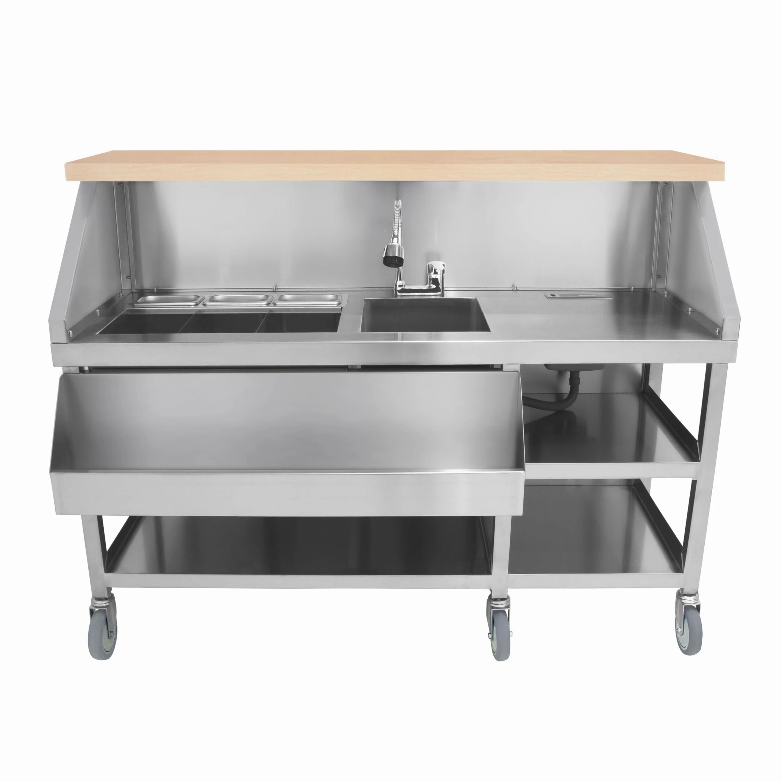 Postazione Mobile Cocktail Acciaio Inox Bancone Effetto Legno Ghiaccio Isolato 62L Lavello Integrato Mensole Doppio Livello Speed Rail Contenitori Gastro Portacoltelli Lavagna Magnetica e Shaker