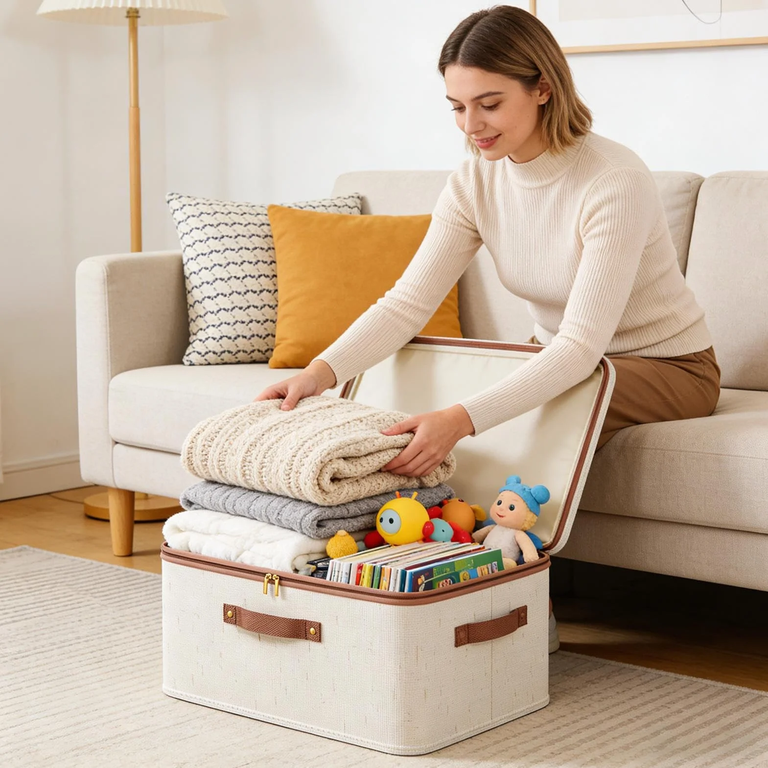 Contenitori in tessuto per decluttering, pieghevoli, di grande capacità, con panno traspirante e pannelli laterali rinforzati per maglioni, asciugamani, abiti e sistemi di spazio per armadi