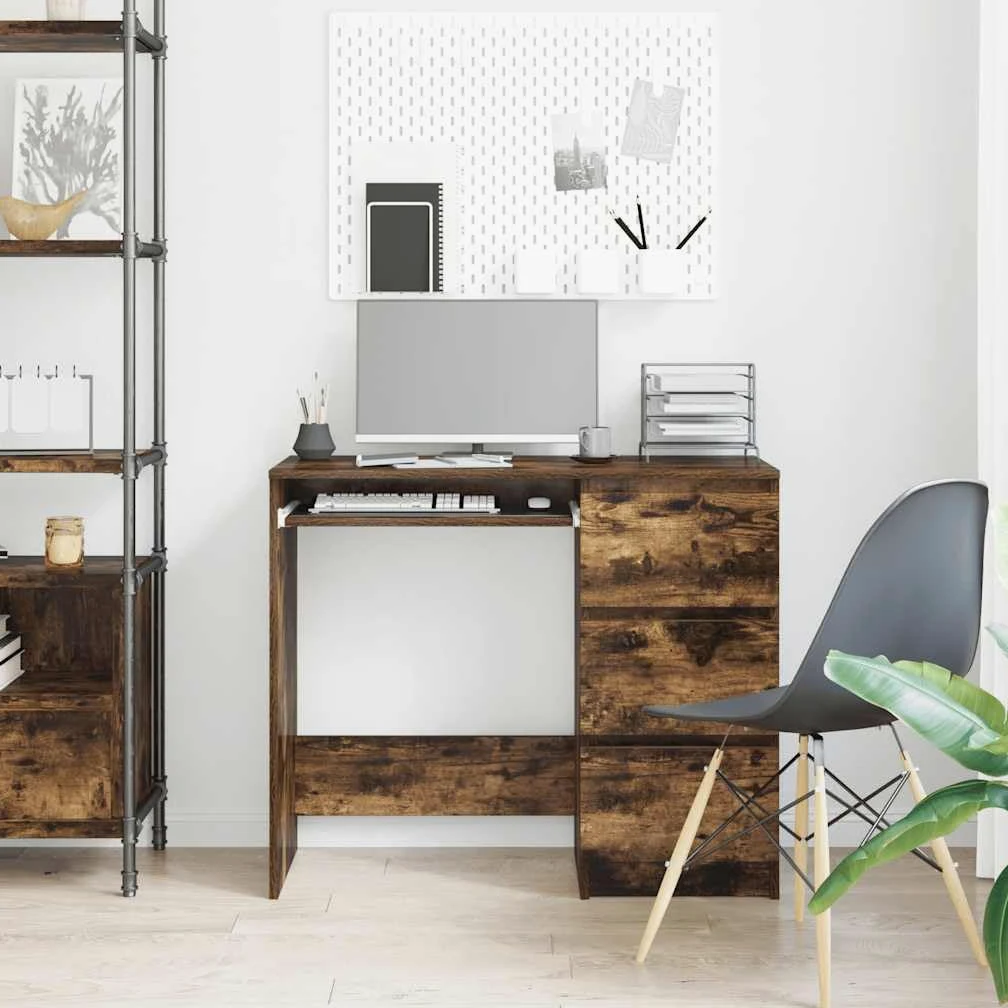 Scrivania in legno di quercia affumicata, 90 x 45 x 76 cm, con 3 cassetti, scrivania da ufficio per computer, scrivania per ufficio, postazione di lavoro, spazio per raccoglitori e documenti