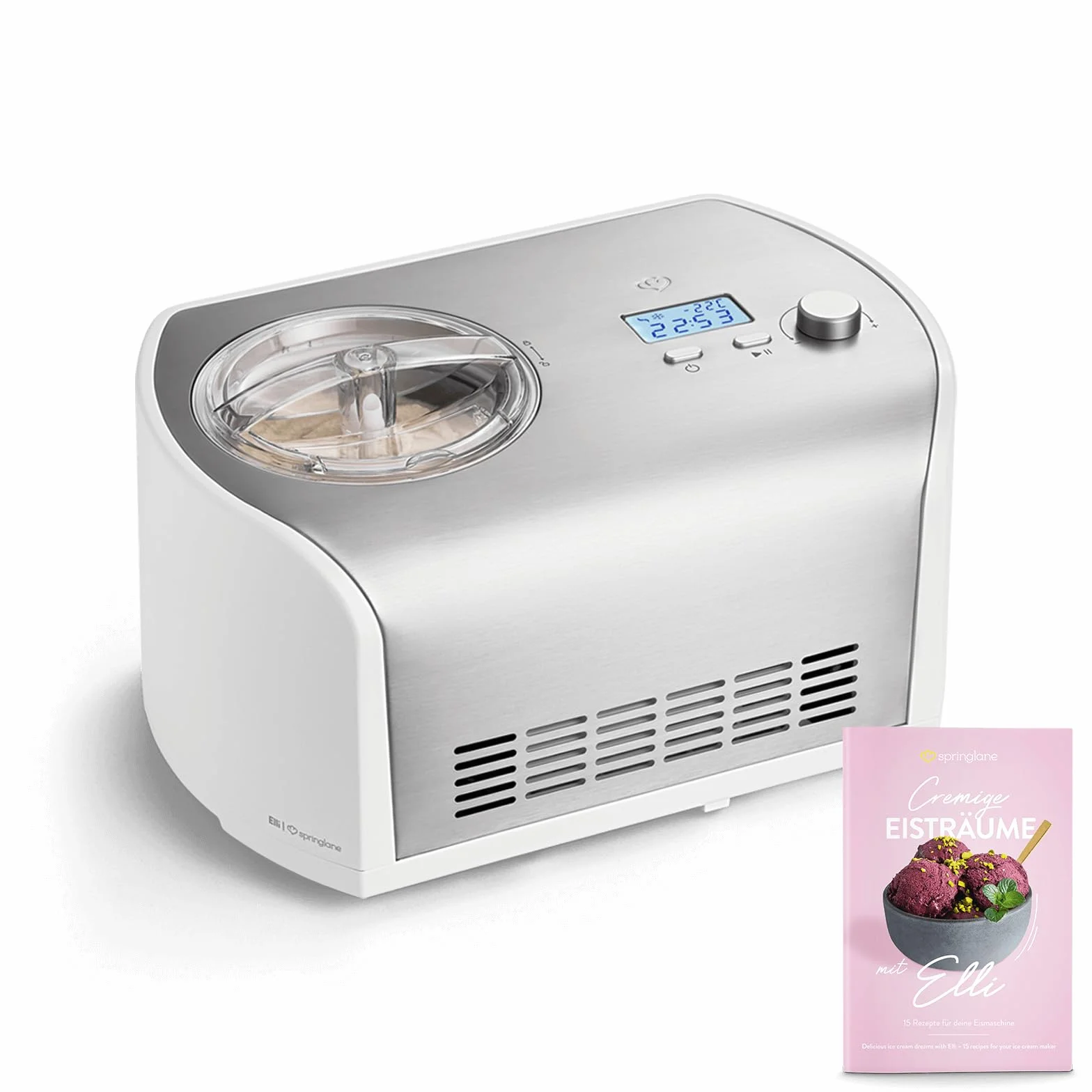 SPRINGLANE Gelatiera Elli con compressore autoraffreddante, gelatiera in acciaio inossidabile con contenitore per gelato rimovibile (Argento, 1,2 L)