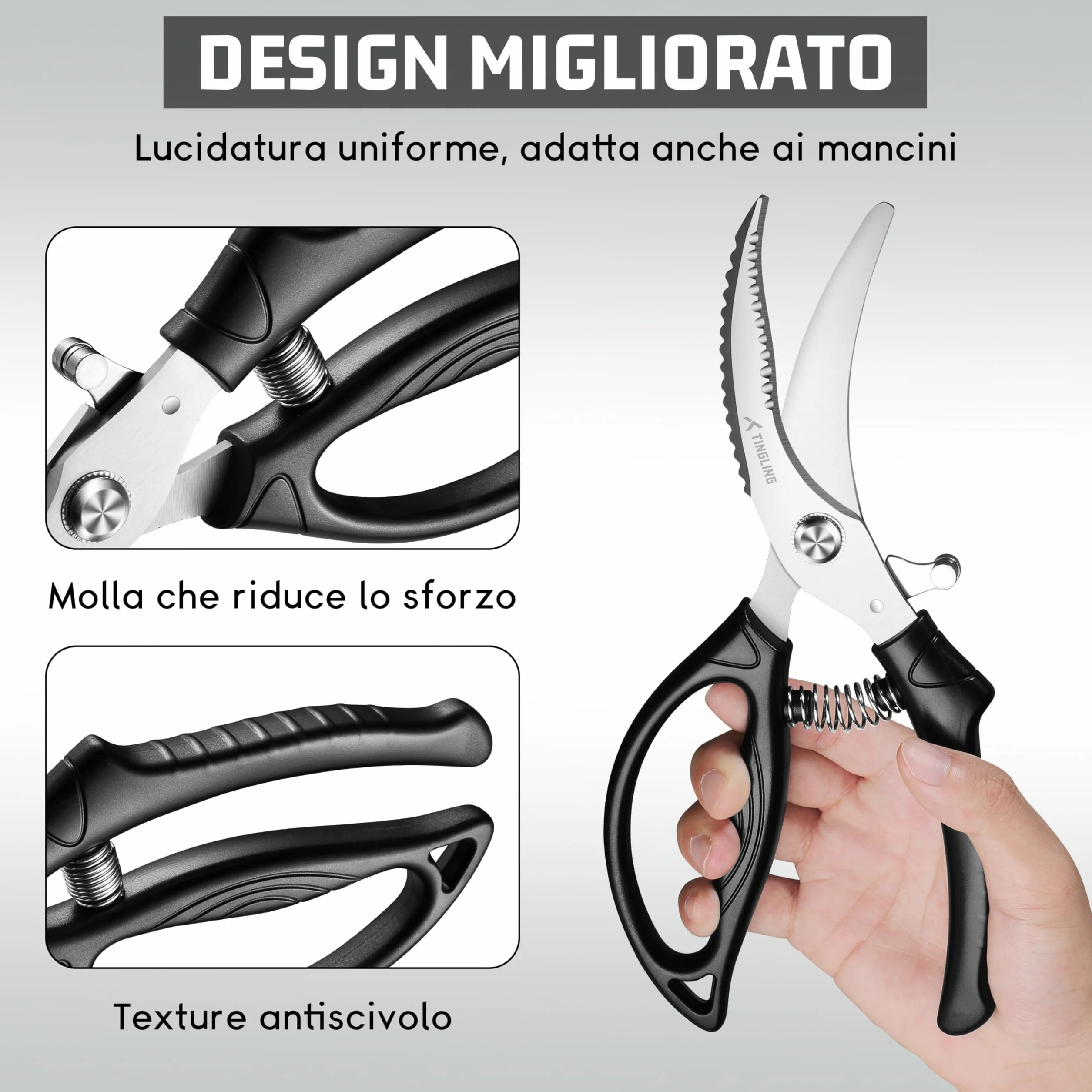 Forbici da Cucina Professionali: Trinciapollo Affilate Con Blocco di Sicurezza e Molla, Adatte per Pollo, Pesce, Carne, Ossa e Verdure