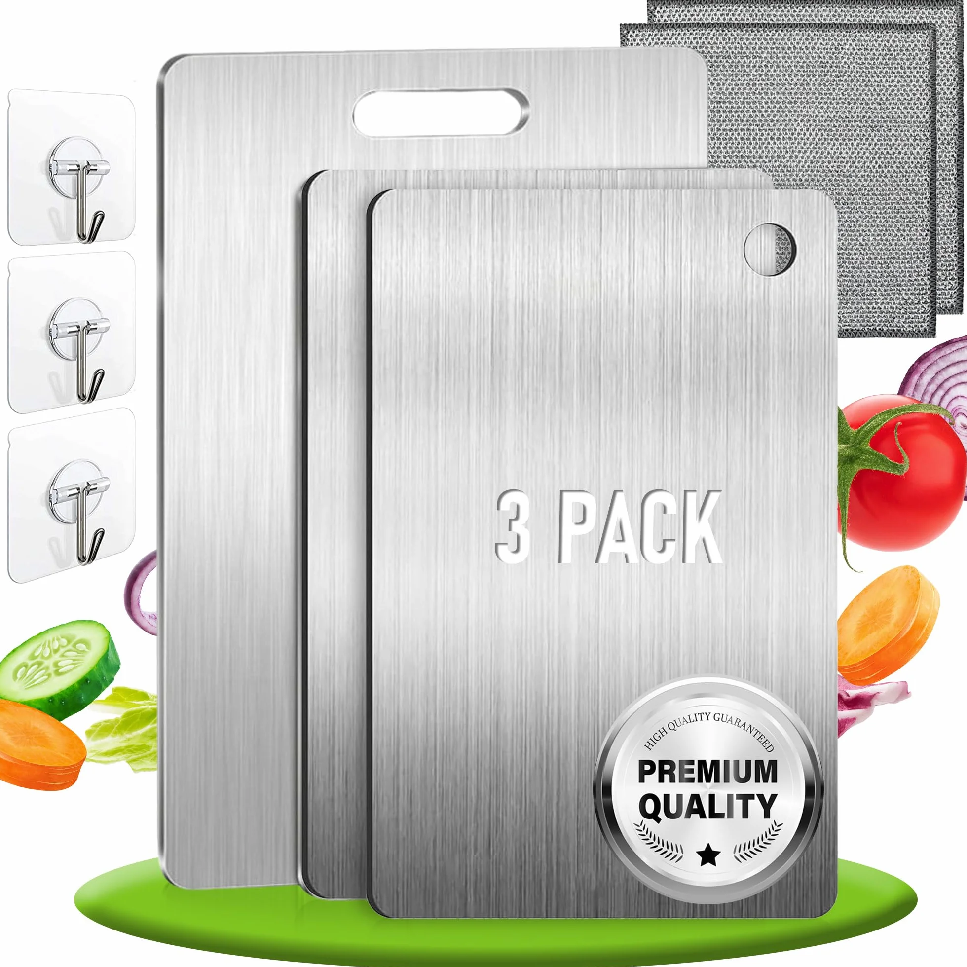 Set di 3 Tagliere Acciaio Inox Reversibile in Lega Titanio – Set da Cucina Professionale SUS316/SUS 304 3‑Stars