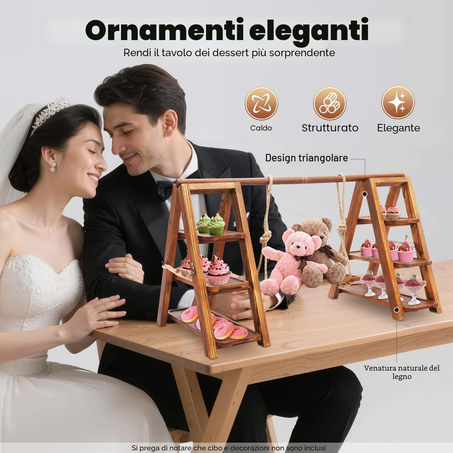 Supporto per cupcake a 3 ripiani in legno, presentazione da dessert regolabile per cupcake, snack e frutta, supporto decorativo per feste con design a dondolo