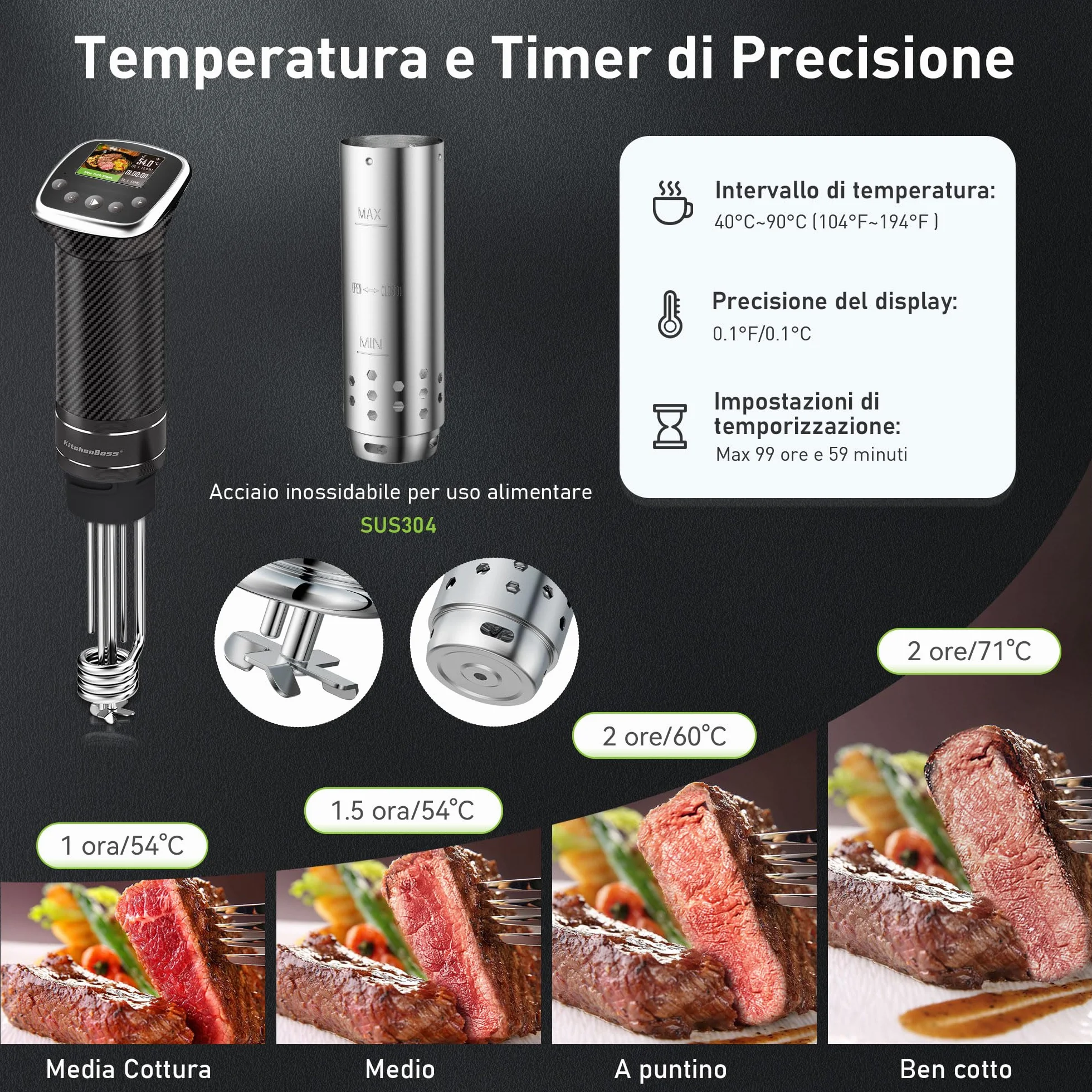 KitchenBoss Roner Sous Vide Professionale 1100W IPX7 Wi-Fi TFT Display