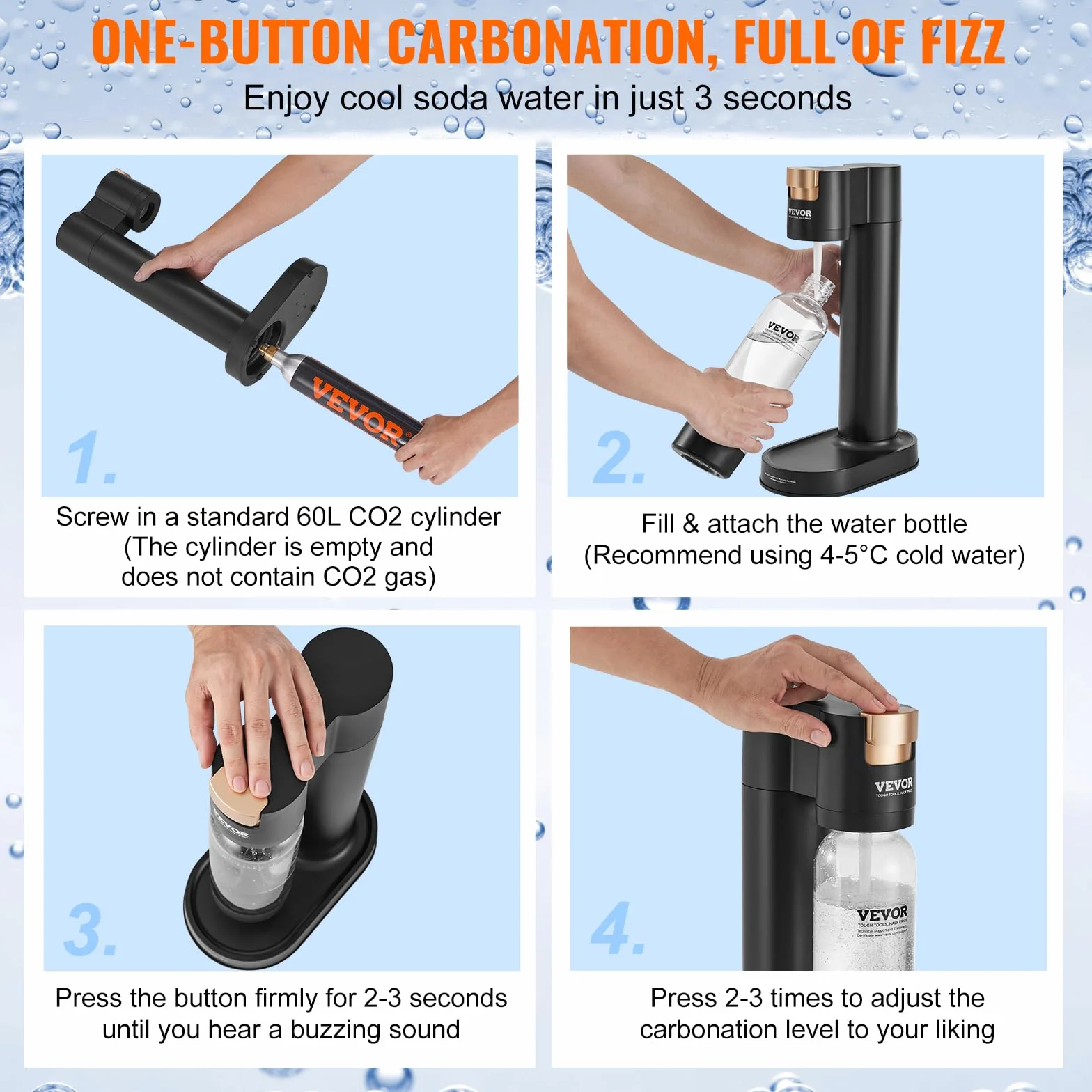 VEVOR Macchina Acqua Gassata, Macchina Acqua Gassata Soda per Carbonatazione Domestica con Bottiglia in PET da 1 Litro Senza BPA, 1 Bombola di CO2 Compatibile con Bombola di CO2 Avvitata da 60 Litri