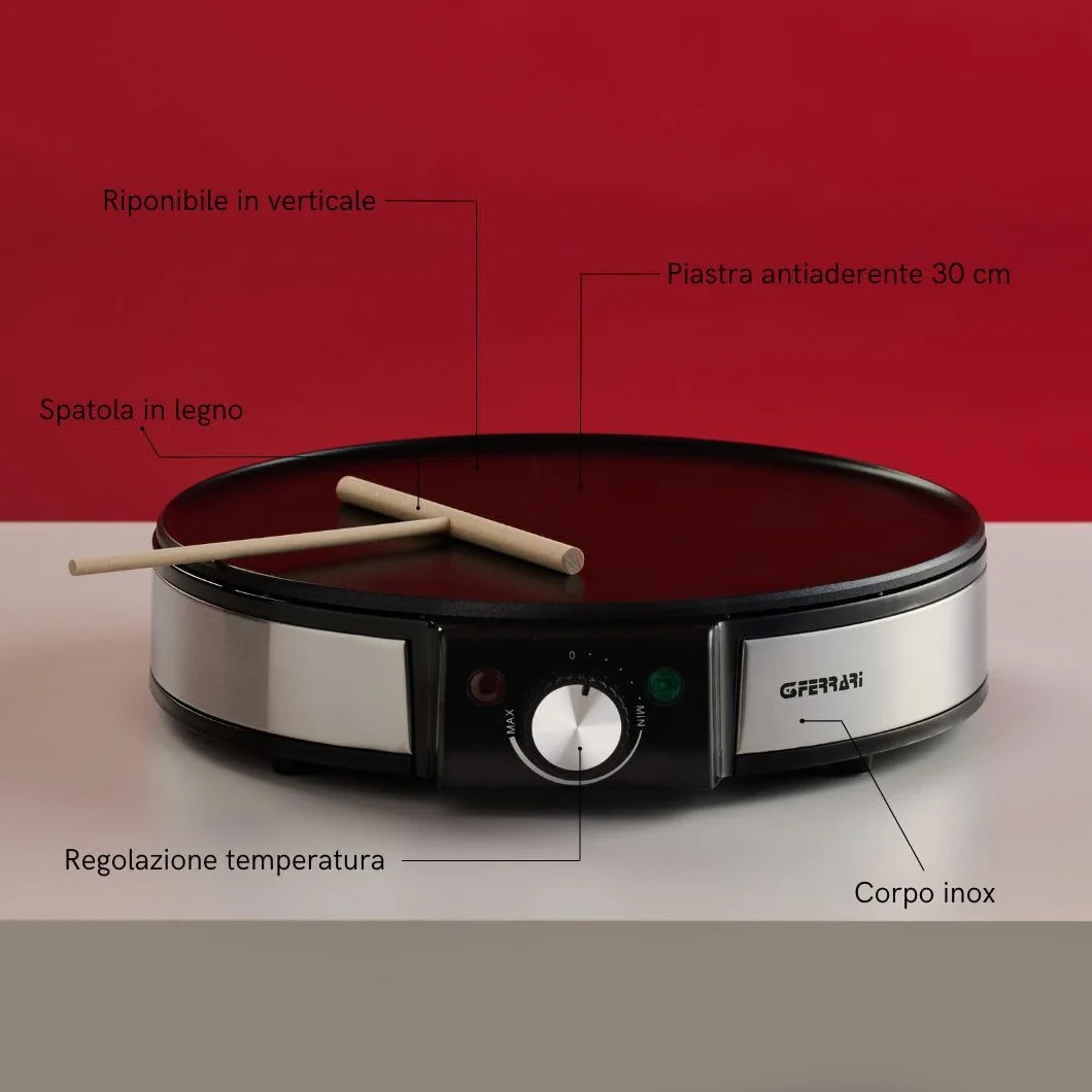 G3 Ferrari G10098 Profi Crepe Crepiera Elettrica 1200W, Piastra 30 cm Inox, Antiaderente
