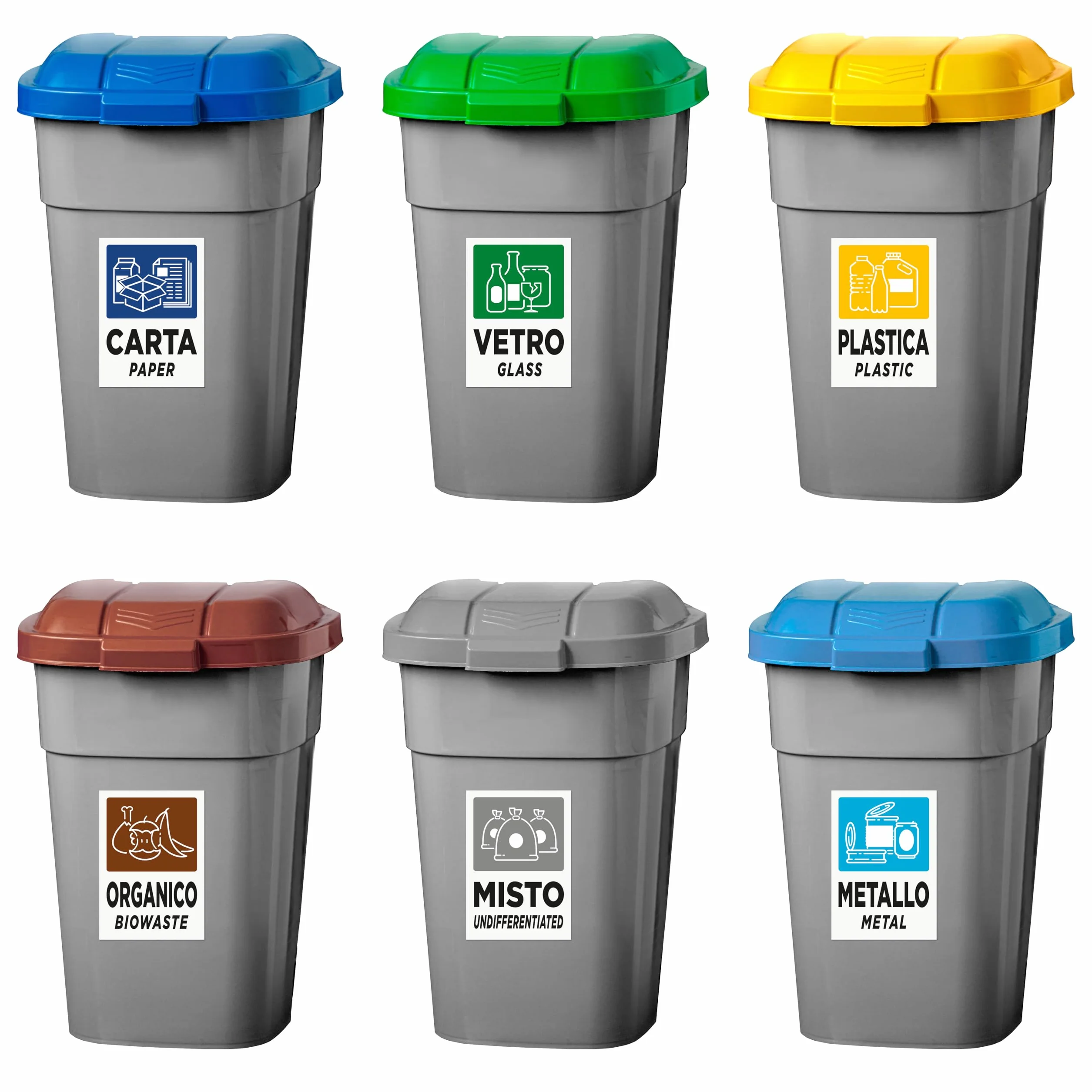 6 Adesivi GRANDI XL per Raccolta Differenziata | Formato cm 15x21| Etichette Grandi per Contenitori Rifiuti in Italiano ed Inglese | 6 PZ