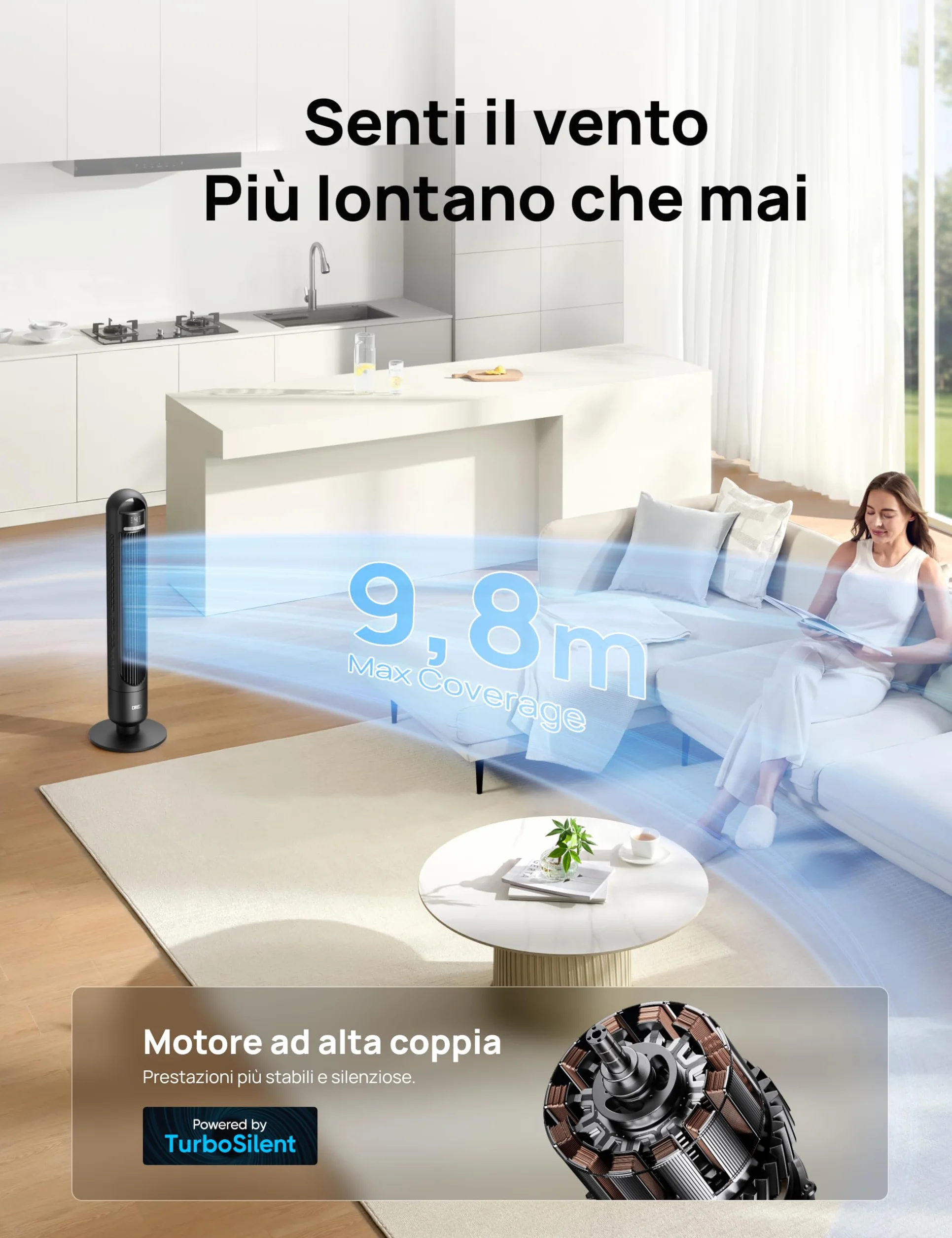 DREO Ventilatore a torre silenzioso da 23 dB, distanza di lancio, 9.8 m, ventilatore con 4 livelli di velocità, 3 modalità, timer da 8 ore, oscillante a 90°, ventilatore a colonna per camera da letto