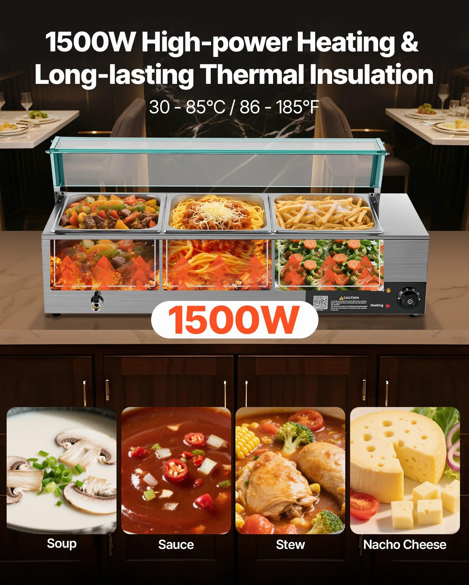 VEVOR Scaldavivande Commerciale Buffet 3 Contenitori da Dimensioni 1/2, Contenitore Scaldavivande Elettrico in Acciaio Inox da 1,5 kW con Coperchio in Vetro e Mestolo per Zuppa, per Catering, Feste