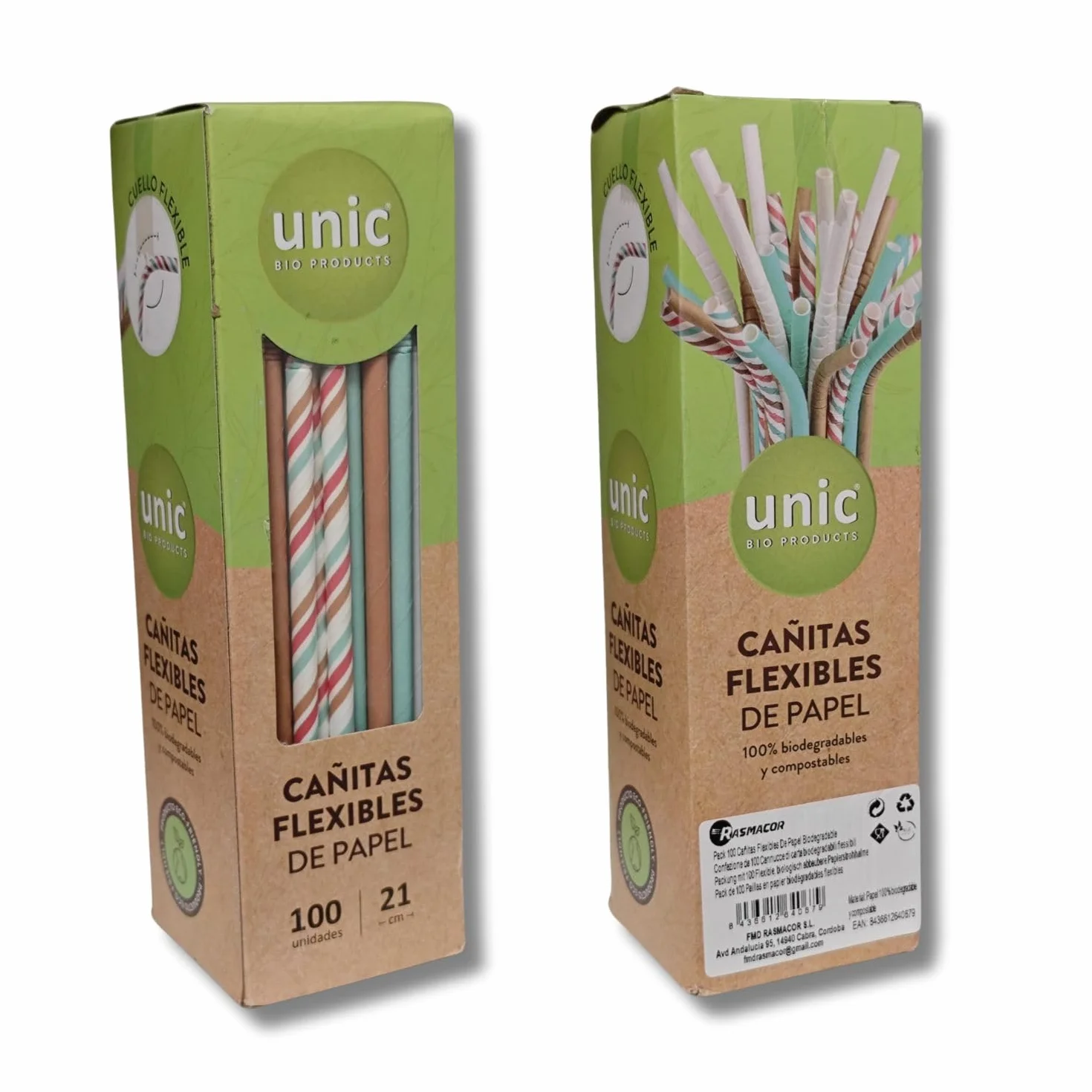 RASMACOR | Cannucce flessibili in carta multicolore | Confezione da 100 cannucce | 100% biodegradabili e compostabili, senza plastica, ecologiche | cannucce forti e resistenti | Ø 6 X 210 mm