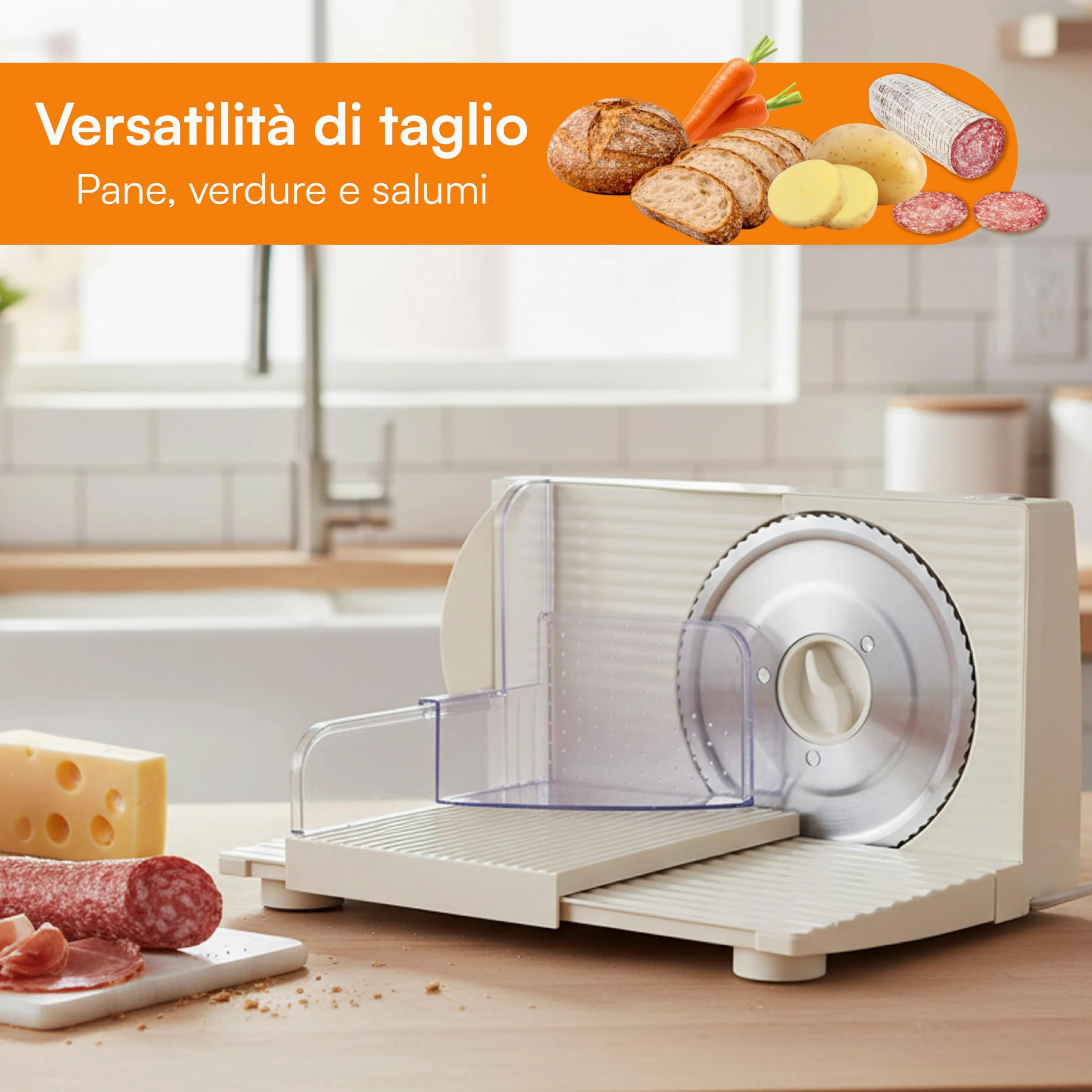 Baroni Home Affettatrice Elettrica Pieghevole con Lama Seghettata Removibile, Spessore Regolabile 0-15 mm, Ventose Antiscivolo, Compatta Richiudibile, per Salumi, Pane, Carne e Verdure