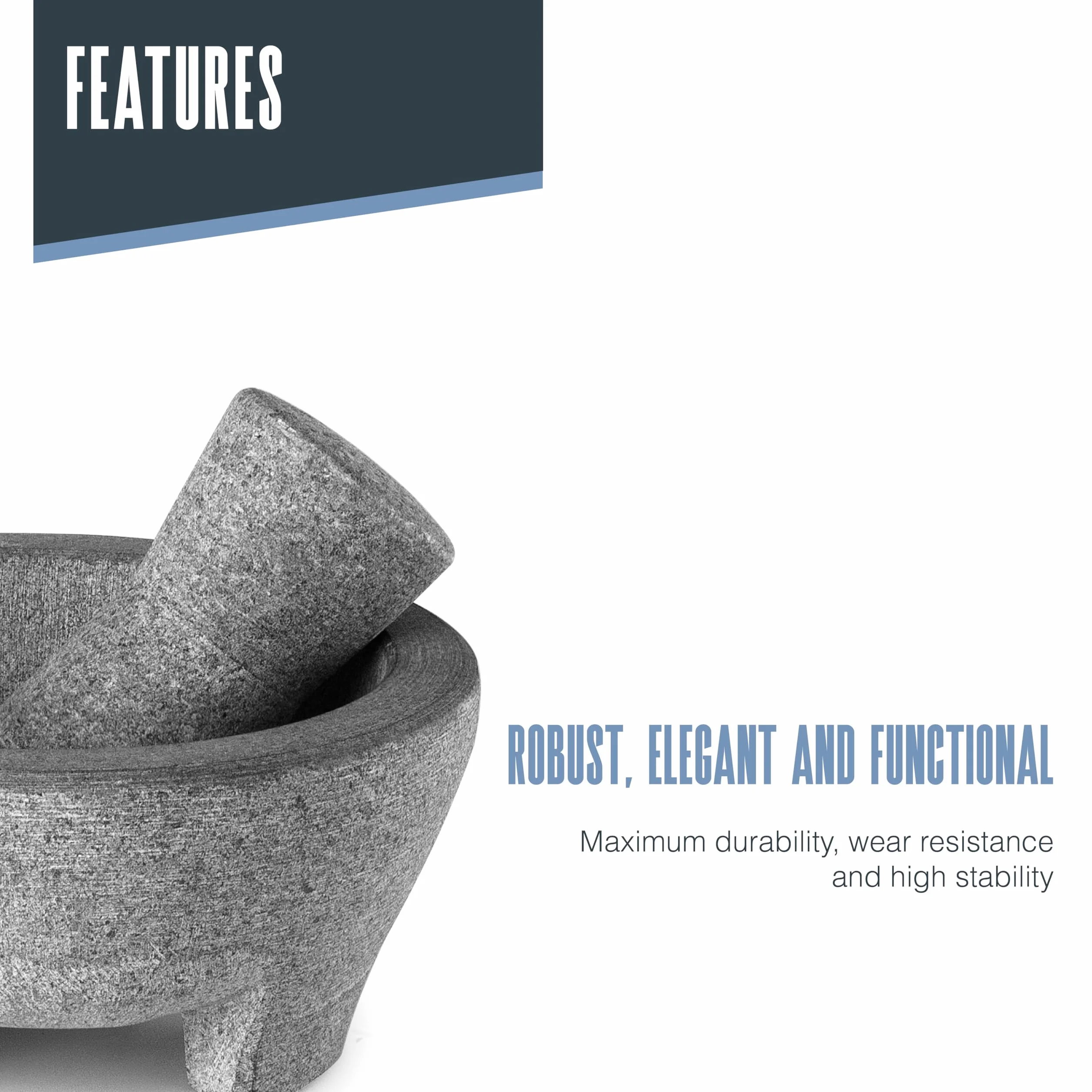 Lacor - 60515 - Mortaio Molcajete in Granito Naturale, Ø 20 cm, 850 ml, Mortaio da Cucina con Pestello in Granito, Ideale per Guacamole, Salse e Spezie, Resistente e Durevole, Grigio Scuro