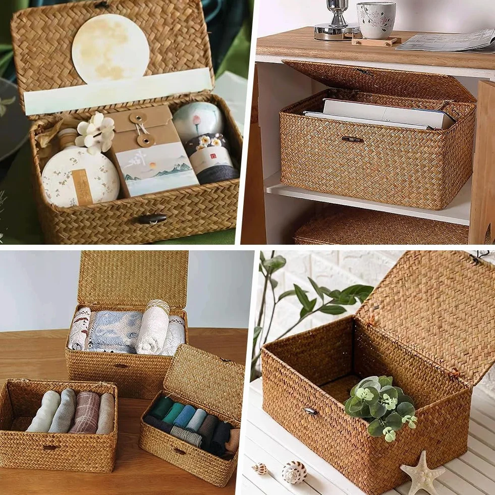 Cesto in rattan con coperchio 3 pezzi, portaoggetti in giunco marino naturale, intrecciato per scaffale