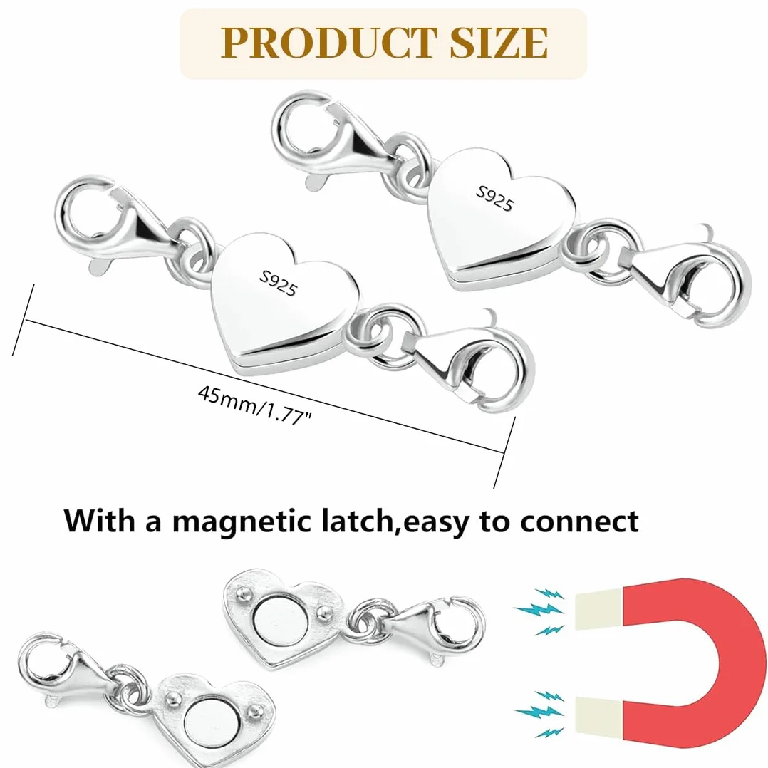 2 Pezzi Ganci per Braccialetti, Gancetti per Collane, Chiusure per Collane Magnetici, Chiusura Magnetica a Forma di Cuore in Argento Sterling 925, Accessori per la Creazione di Gioielli Fai da Te