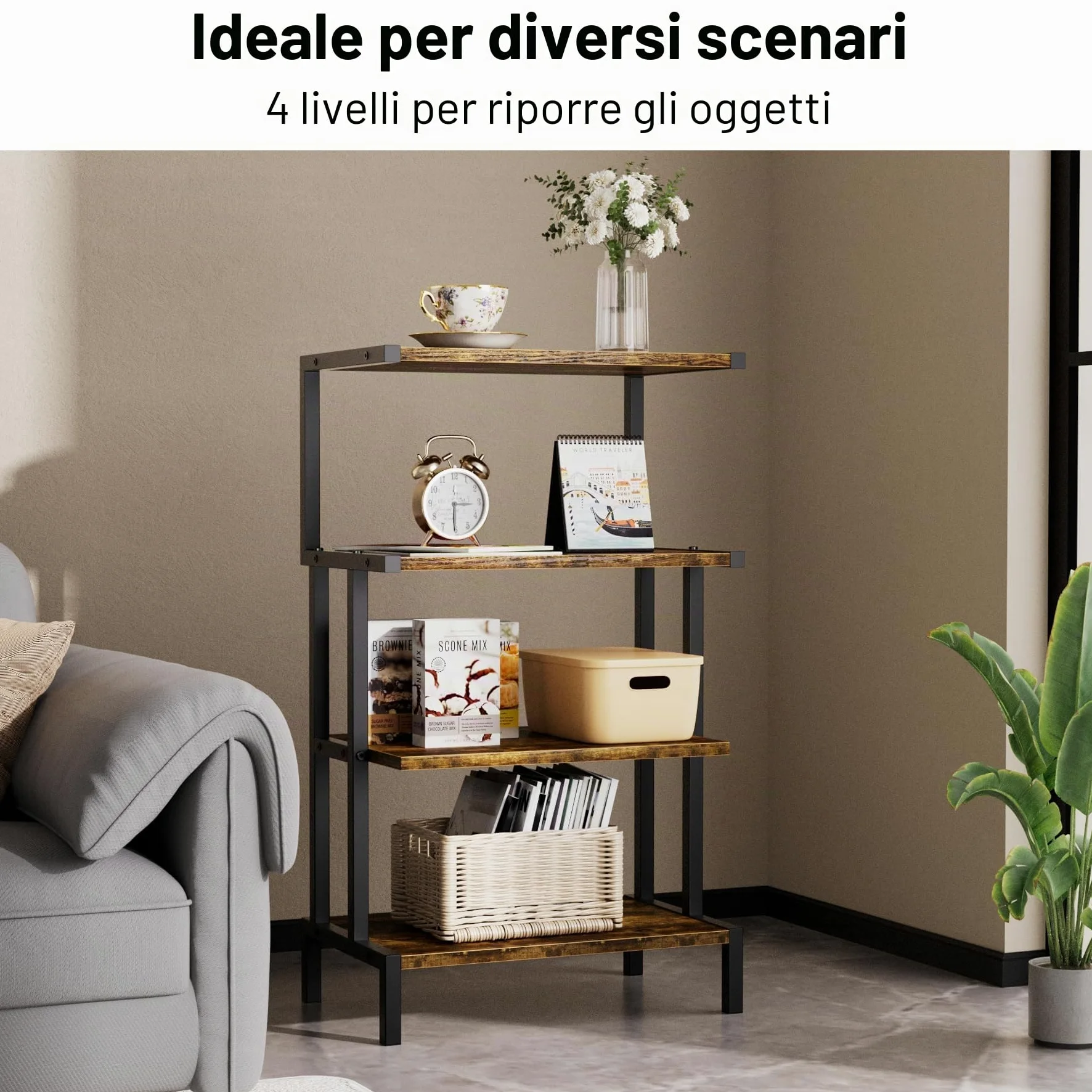 Aquzee Mobile Giradischi, Mobili per Hi Fi Con Supporto Stereo a 4 Livelli per Piccoli Spazi, Supporto per Console di Gioco Con 4 Ripiani, Marrone Rustico