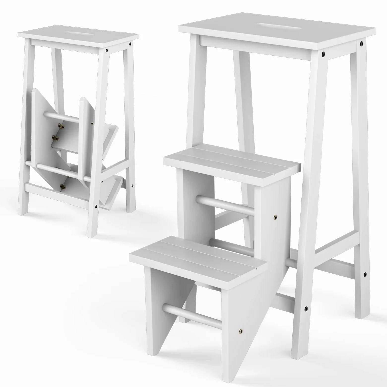 COSTWAY Scaletta Pieghevole, 3 in 1 Scaletta e Sgabello in Legno di Gomma Multifunzione, 3 Gradini, Reversibili Impugnatura, Capacità di Carico 310 kg, Ideale per Studio, Soggiorno (Bianco)