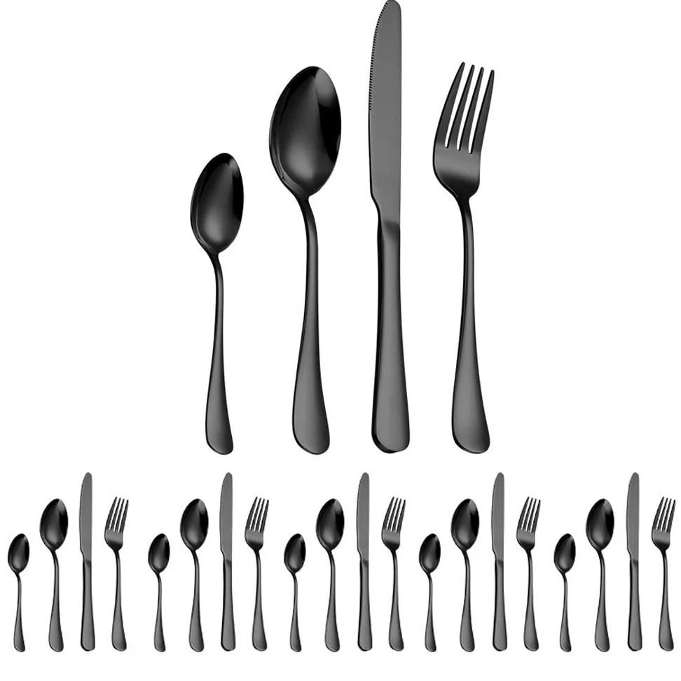 Set di posate, 24 pezzi, set di posate in acciaio inox 18/10, coltelli, forchette, cucchiaini da caffè, set di posate da cucina per 6 persone (colore: nero)