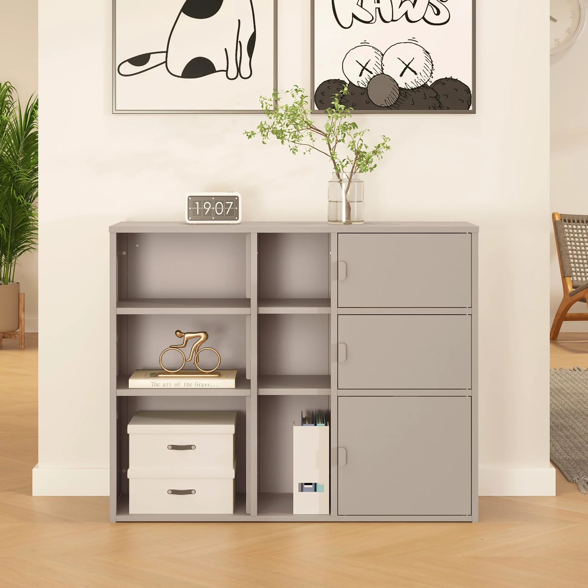 [en.casa] Mobile Contenitore da Ufficio in Acciaio Armadio Portadocumenti con 6 Vani Aperti e 3 Scomparti Chiusi da Ante Scaffale Archivio per Studio Ingresso 100 x 32 x 81 cm - Color Cammello