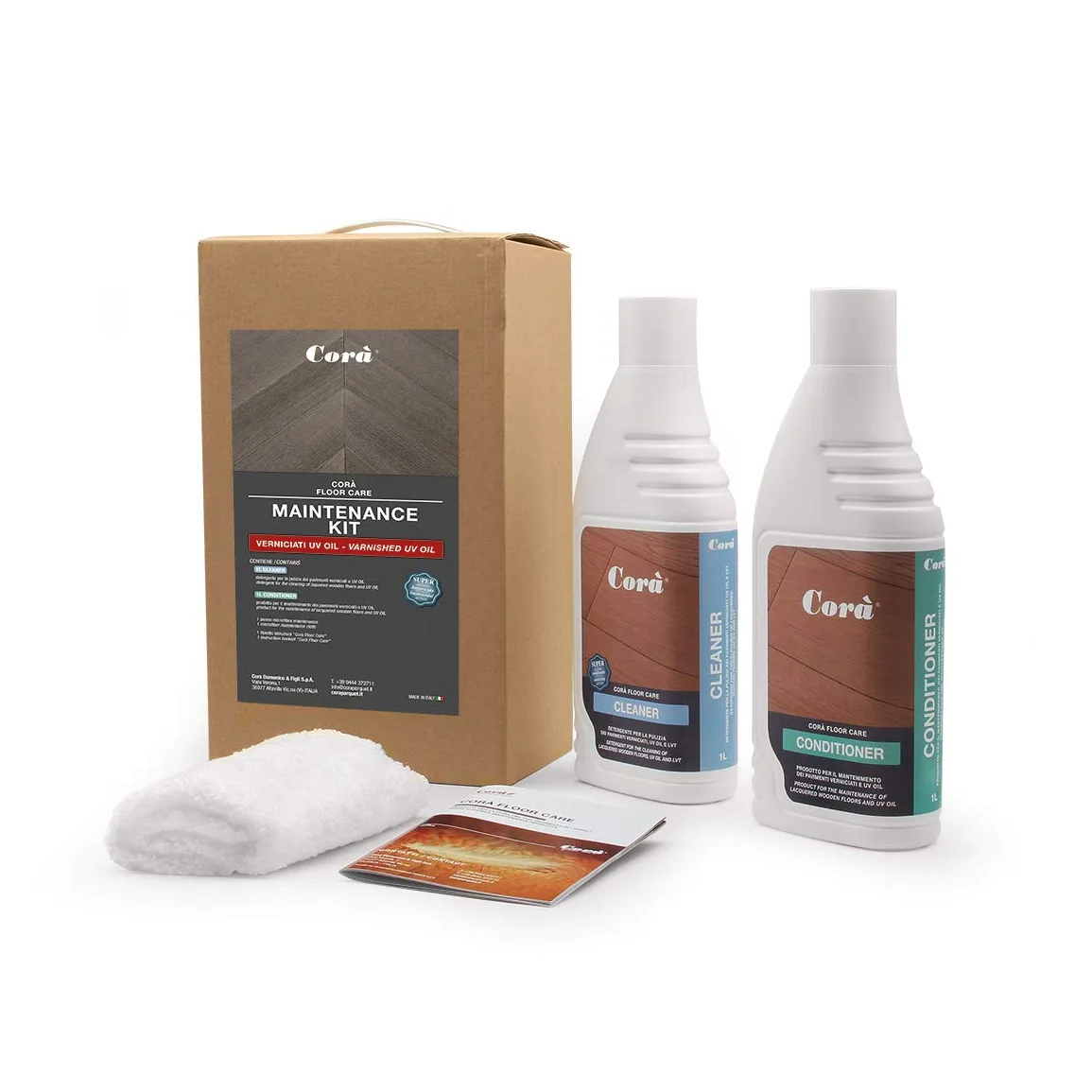 Corà KIT MAINTENANCE Verniciati - Detergente e Cera professionale parquet - Pulizia e manutenzione pavimento in legno verniciato/UV OIL - 1 LT. Cleaner,1 LT. Conditioner - Corà Floor Care
