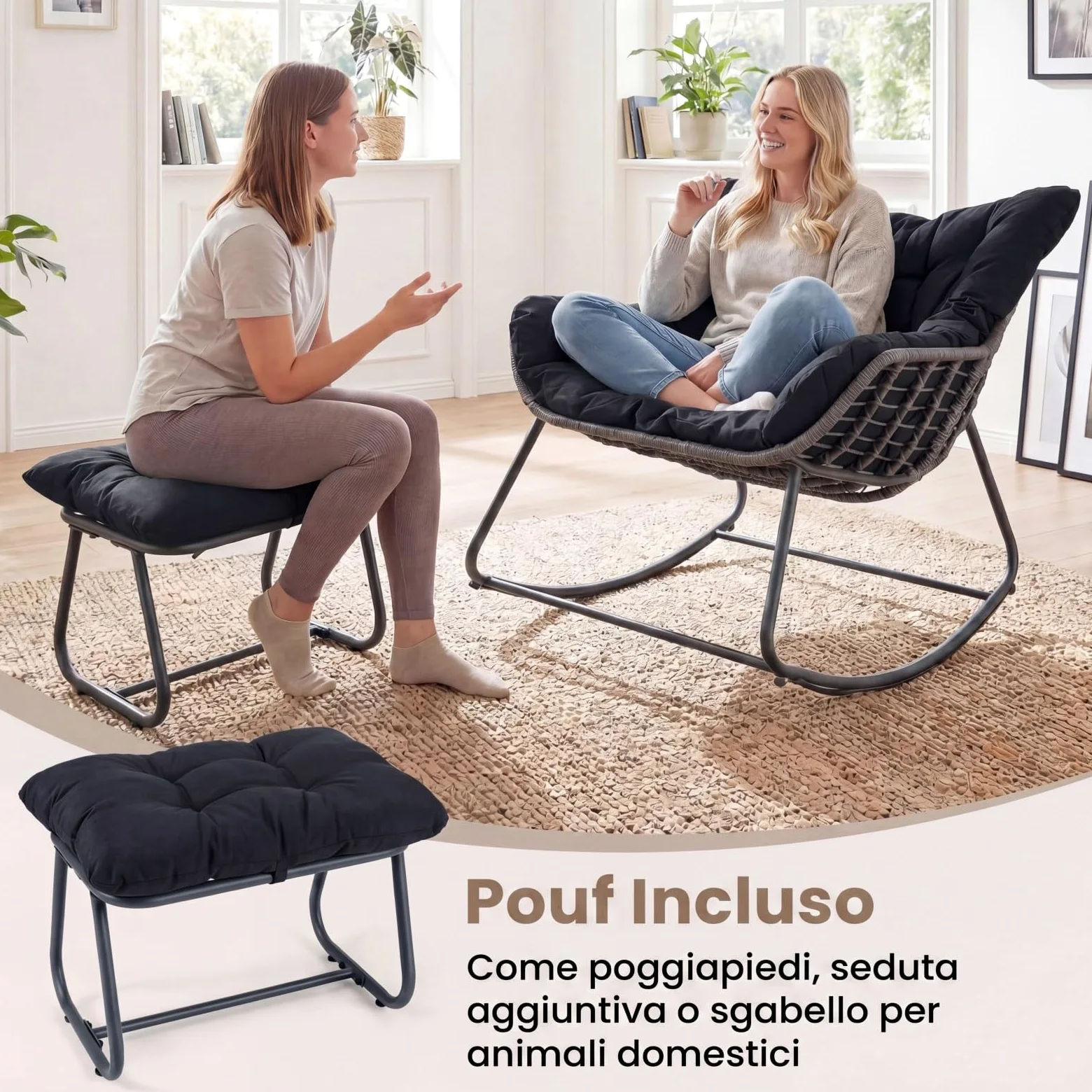 COSTWAY Sedia a Dondolo da Interno ed Esterno, Poltrona a Dondolo con Poggiapiedi e Cuscini Rimovibili, Poltrona Relax in Rattan con Telaio in Metallo per Soggiorno e Giardino, Portata 150 kg (Nero)
