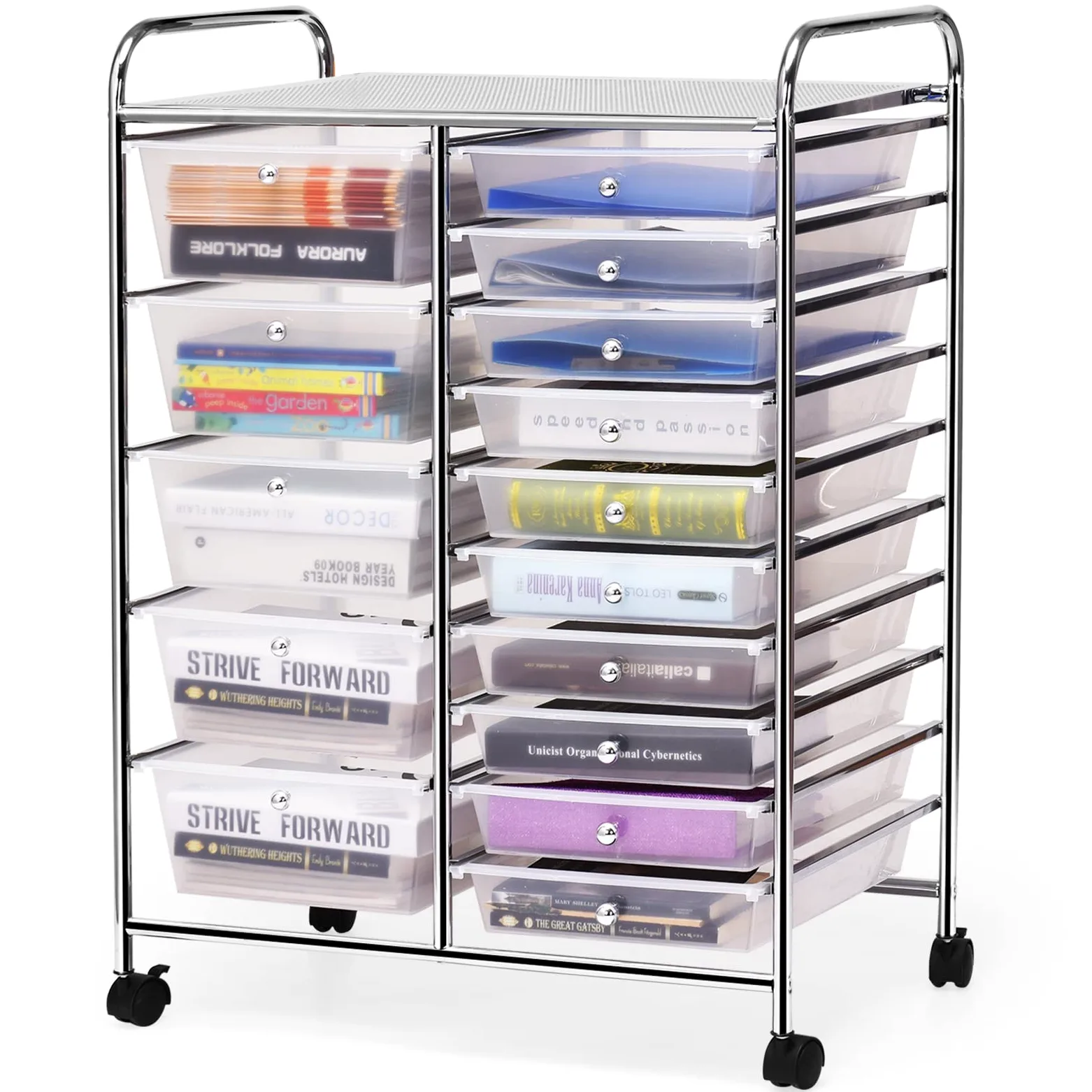 GYMAX Carrello Portaoggetti con 15 Cassetti Staccabilea, Carrellino Salvaspazio con Ruote, per Uffici, Parrucchieri, Studio, Soggiorno, 62,5 x 37 x 87 cm (TRASPARENTE)