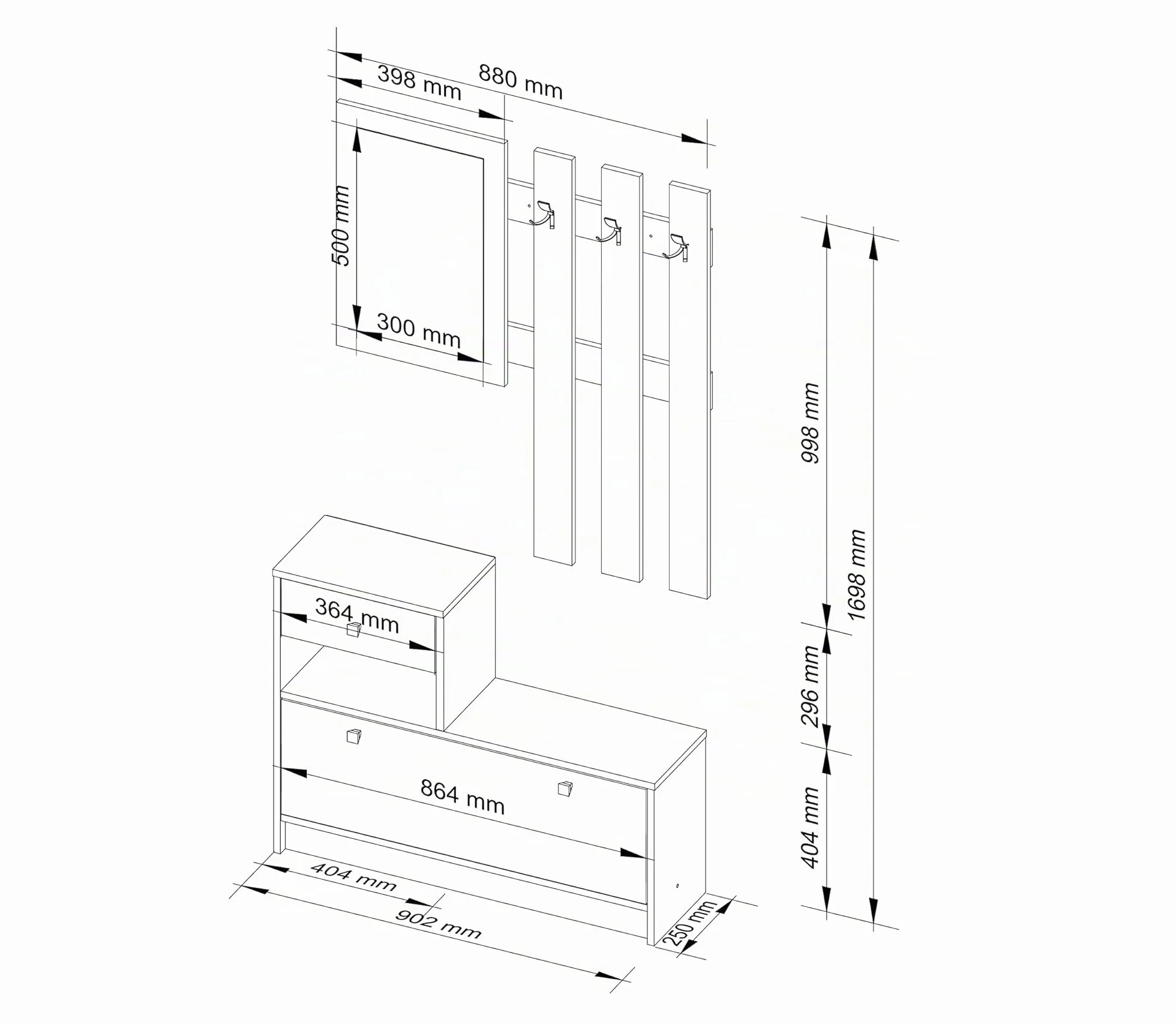AKORD | Guardaroba Completo 2 Pezzi | Scarpiera con Piano e Cassetto 90 x 70 x 25 cm | e Appendiabiti a Muro con Specchio 90 x 100 cm | Set Completo Ingresso | Peso 39 kg | Wenge