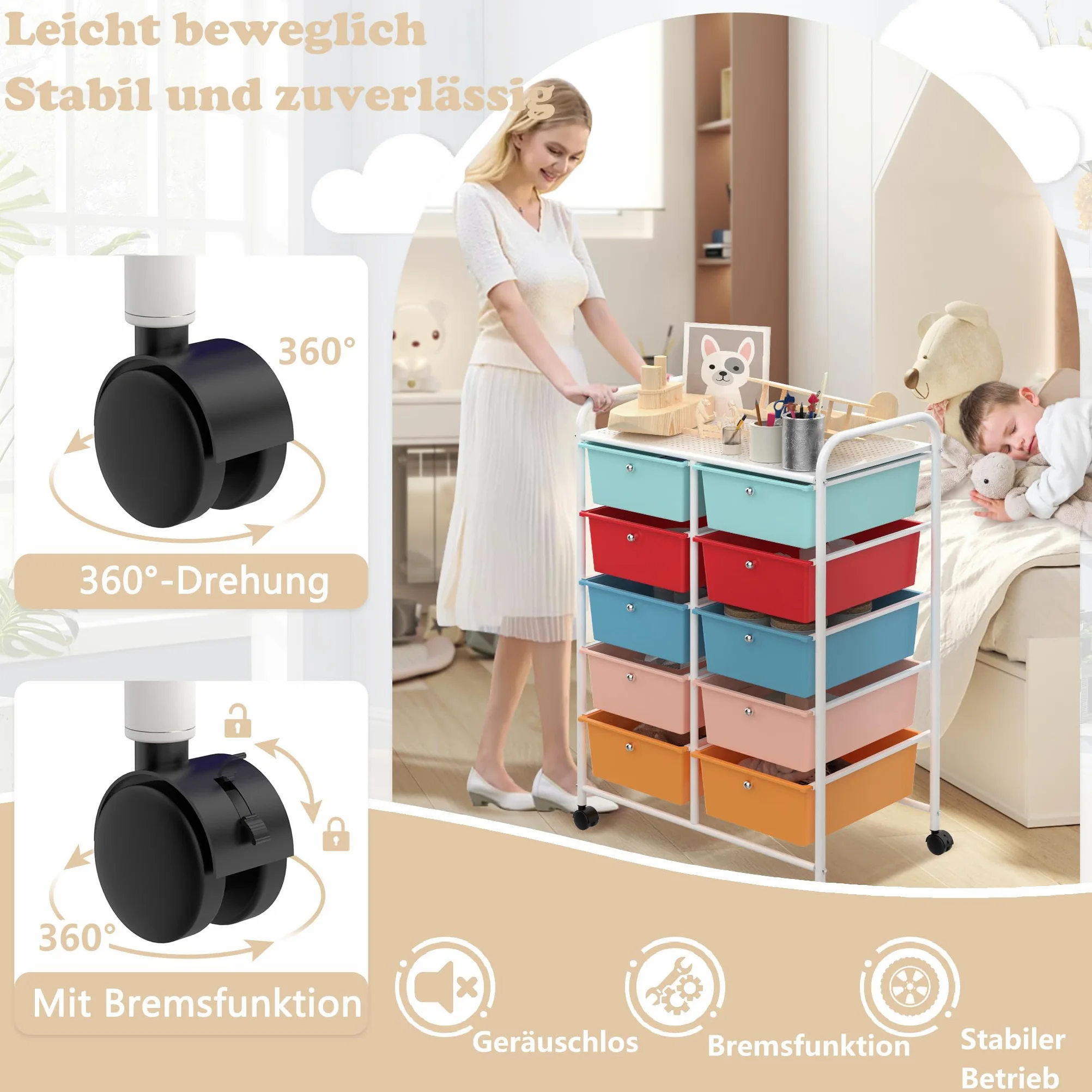 Carrello con 10 cassetti, impilabile, colorato, con struttura in metallo e ripiano, per ufficio, soggiorno (65 x 37 x 87 cm)