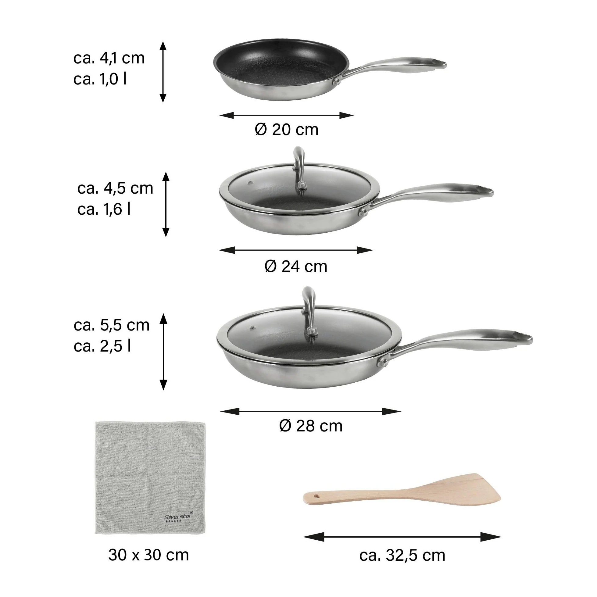 Silverstar Set di padelle in acciaio inox, 20/24/28 cm, con coperchio 24/28 cm, spatola a nido d'ape, antigraffio, antiaderente a induzione, struttura a nido d'ape, per tutti i piani cottura, forno,