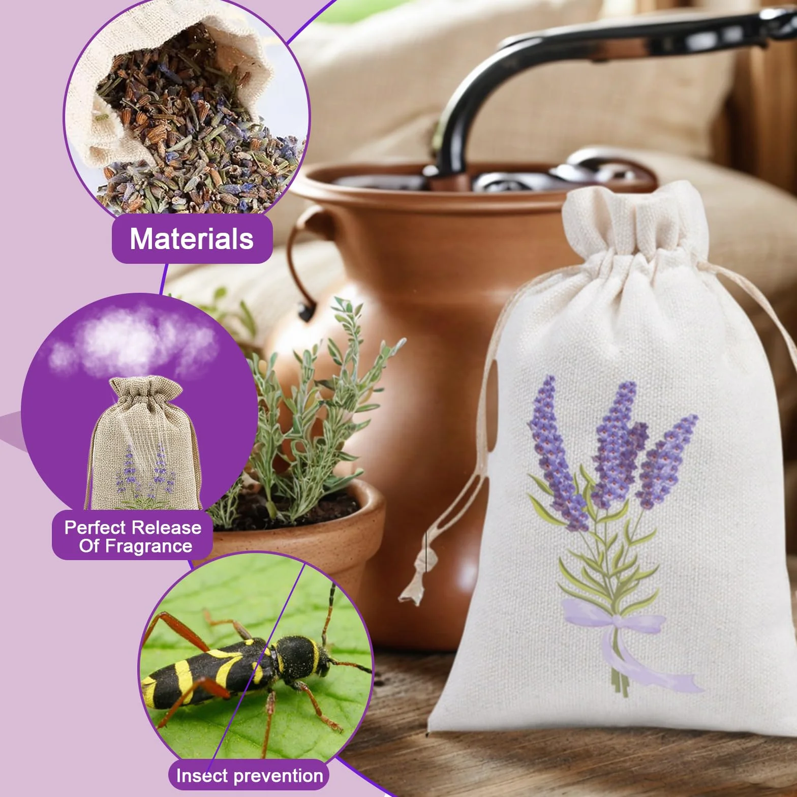 Ziyonix 16 Sacchetti di Lavanda Vuoti con Coulisse in Cotone e Lino, 15 x 10 cm, Bustine per Lavanda, Spezie ed Erbe Aromatiche