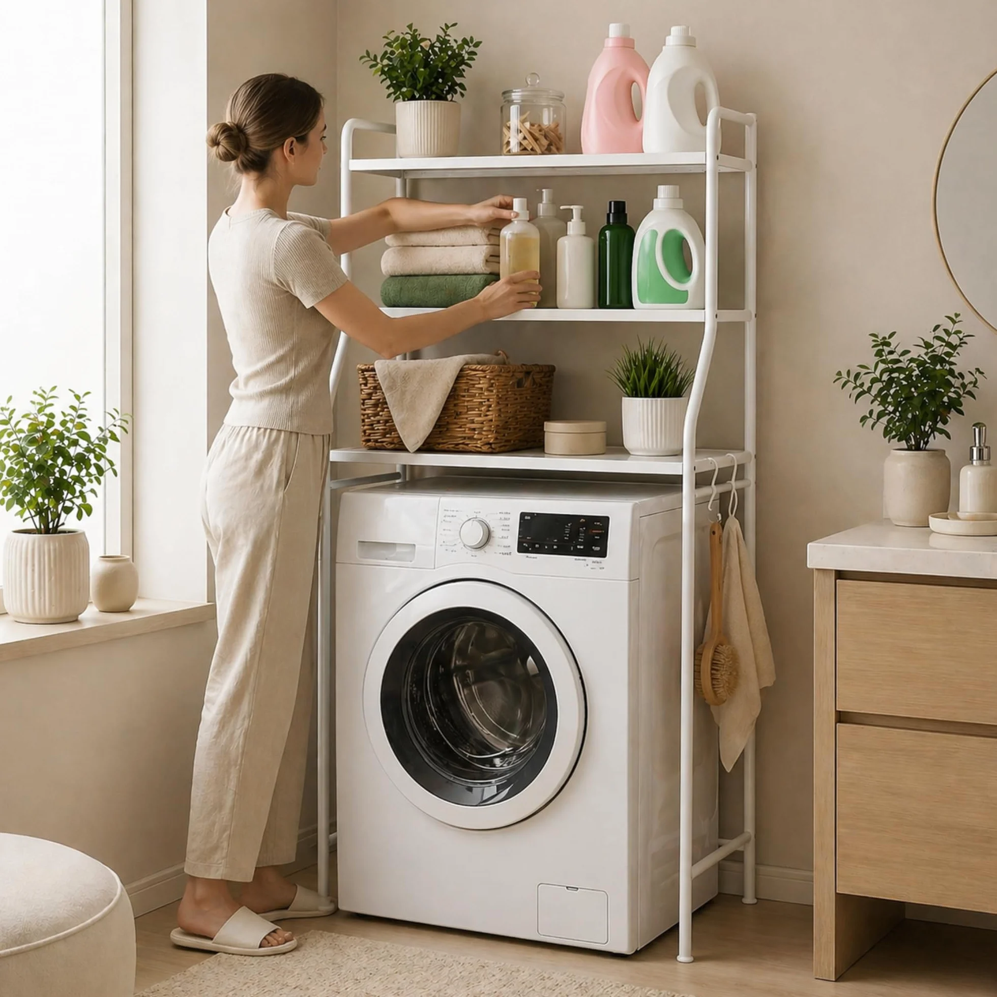 Stabile Mobile Lavatrice Salvaspazio 3 Ripiani Scaffale Organizer Bagno Lavanderia Acciaio con Ganci Laterali Piedini Regolabili