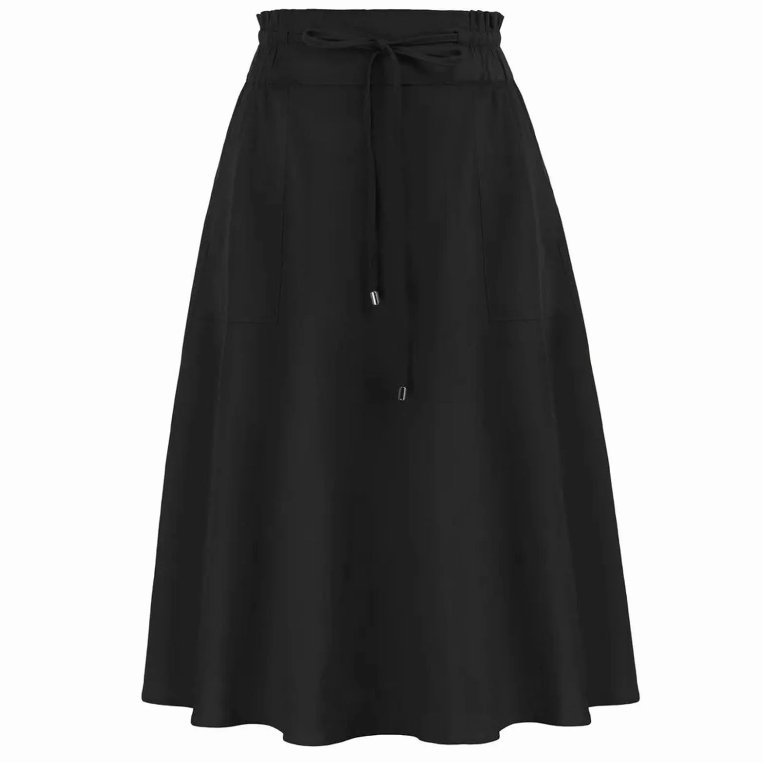 Gonna Longuette di Lino Casual Donna a Pieghe con Cravatta a Punto Smock e Tasche Vita Alta