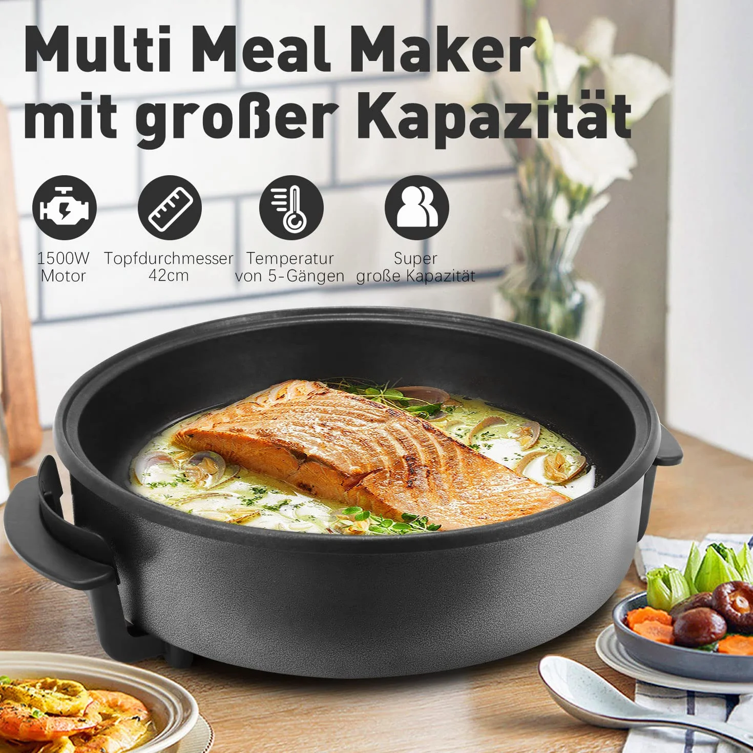 Padella Elettrica Multipadella, Ø 42 x 9 cm, 1500 W, Pizza & Feste, Multifunzione, Controllo Termico Regolabile, Acciaio Inossidabile, Moderno