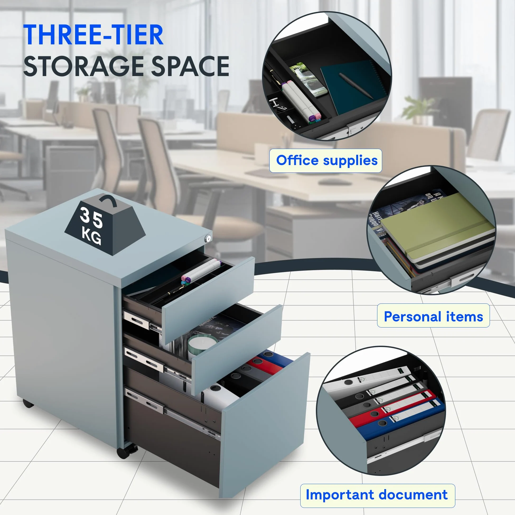 FLEXISPOT schedario con 3 cassetti, cassettiera da ufficio con ruote, armadietto con serratura e sistema anti-ribaltamento, mobiletto porta documenti per casa e ufficio, grigio blu