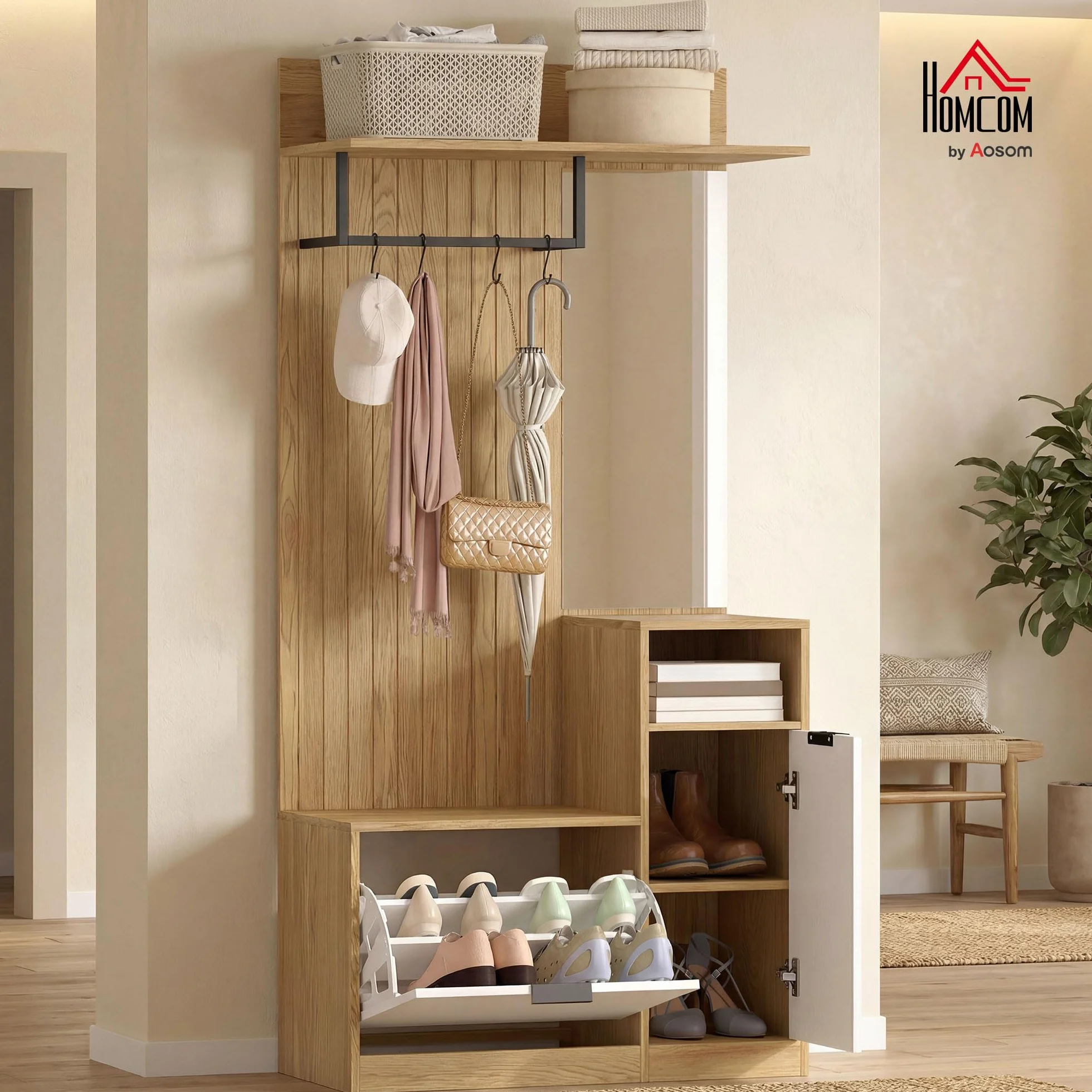 HOMCOM Appendiabiti da Ingresso con Specchio, 4 Ganci, Panca e Scarpiera, Mobile Appendiabiti con Armadietto e Ripiano Aperto, Gambe in Legno, per Ingresso Corridoio, Rovere e Bianco